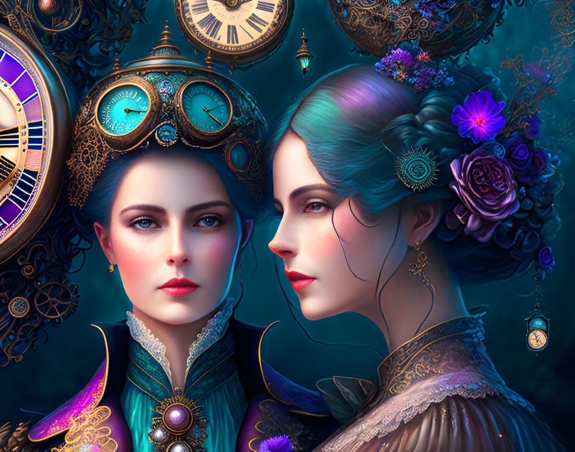 Steampunk-themed illustration of two women in intricate attire against dark backdrop