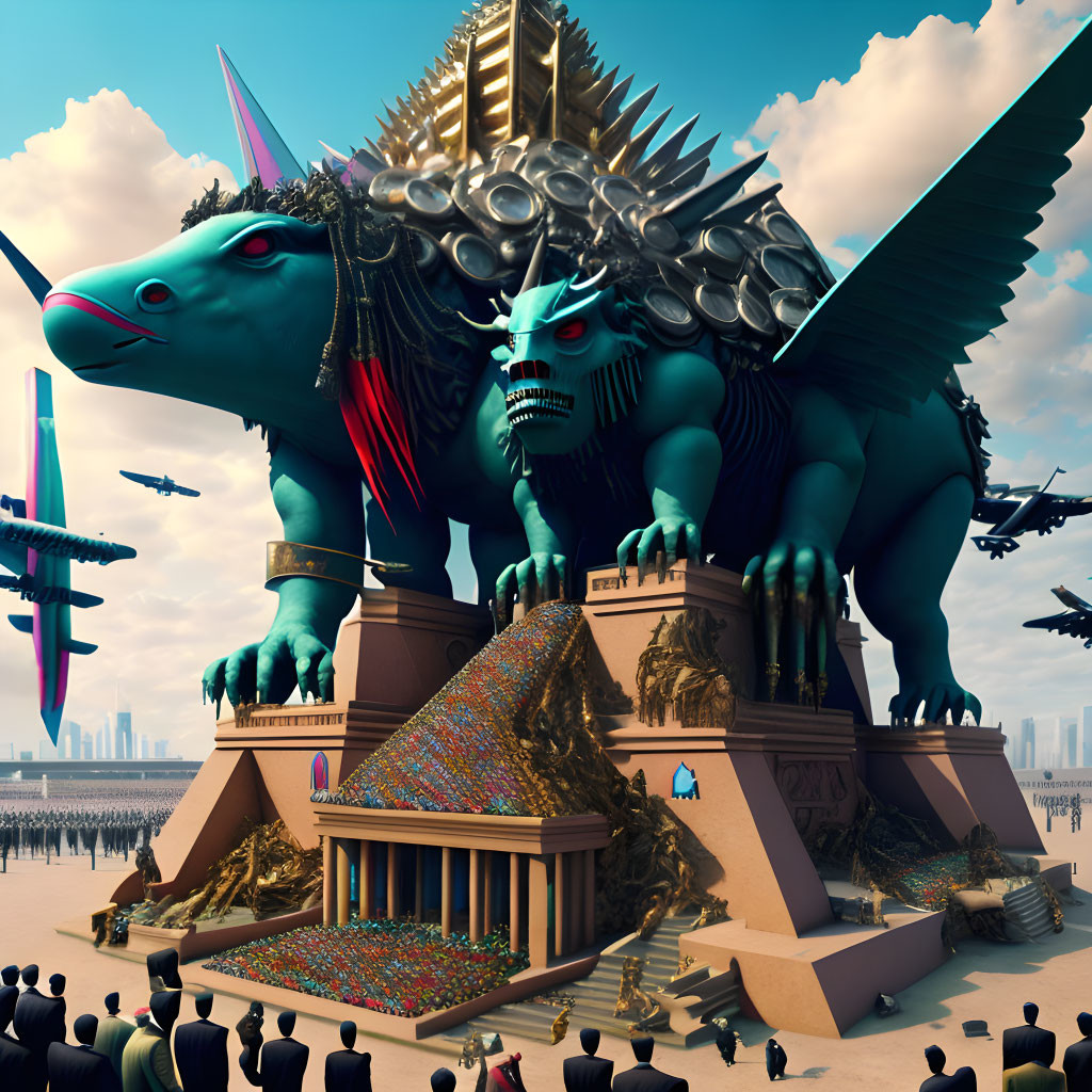 Gigantic lion-like winged statue in regal attire near pyramid structure with futuristic planes.