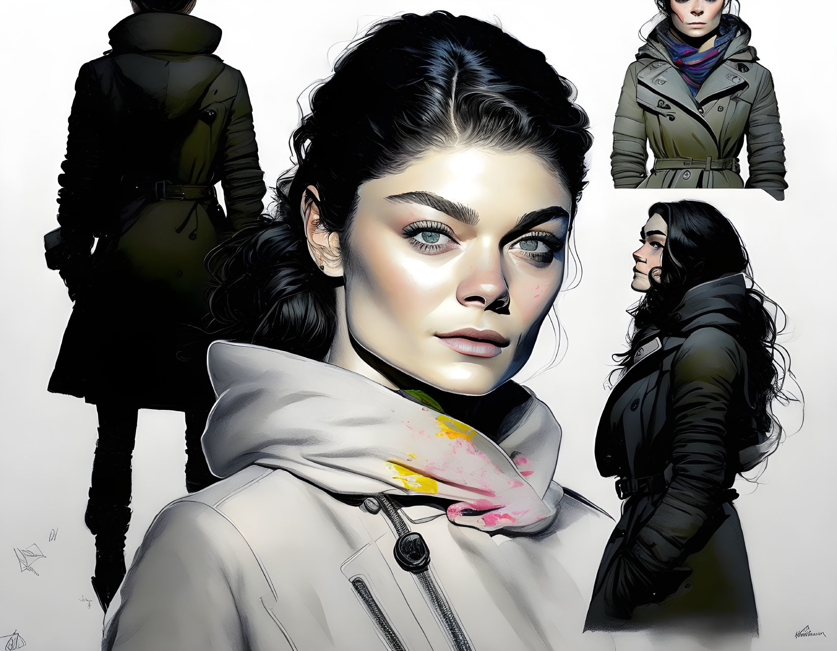 Illustrated portrait of a woman with green eyes in a stylish coat