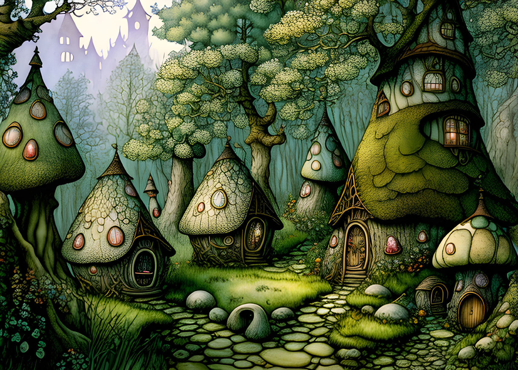 Enchanted forest with whimsical mushroom houses and magical atmosphere