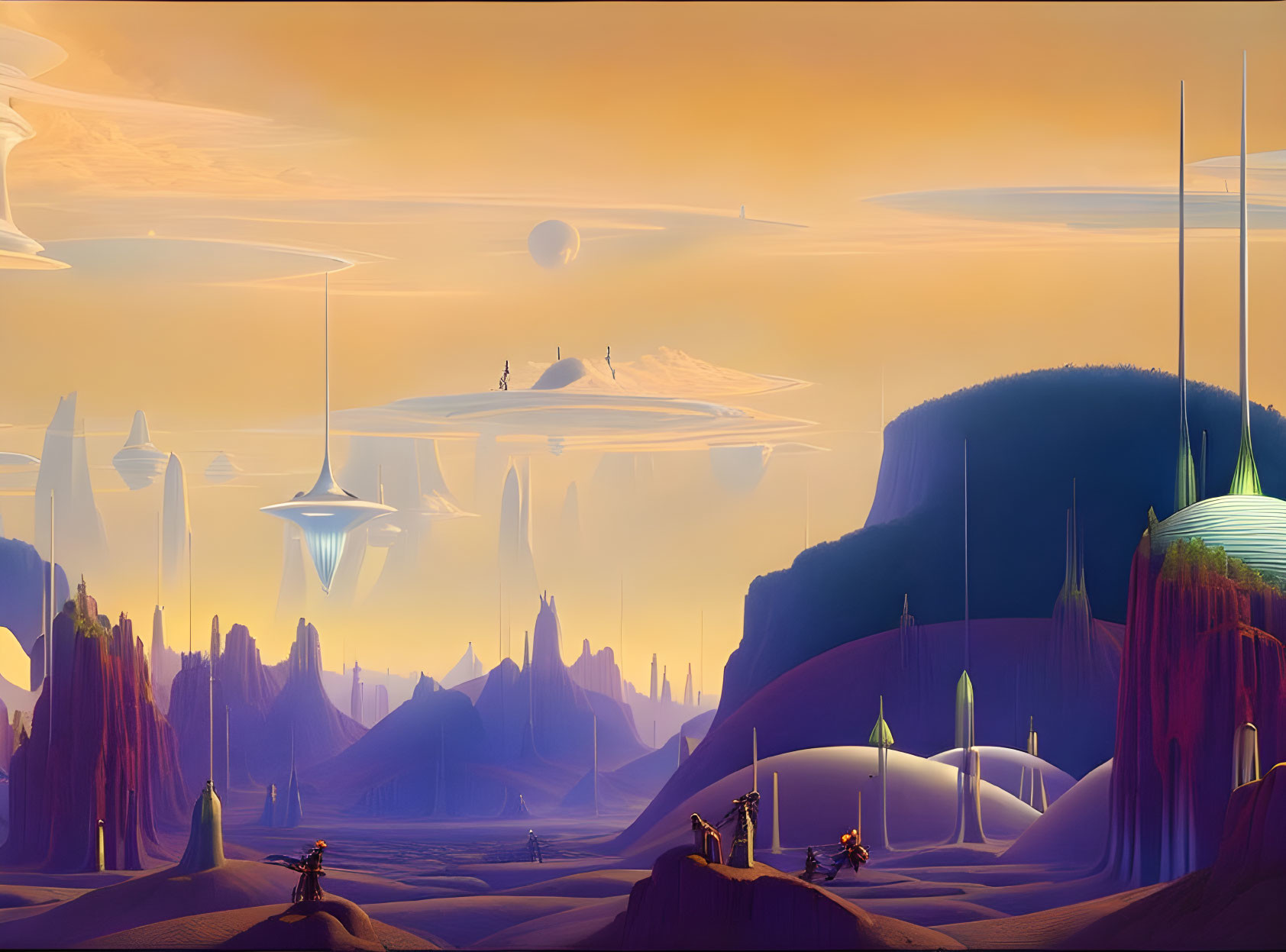 Futuristic landscape with towering spires and floating islands under warm-hued sky