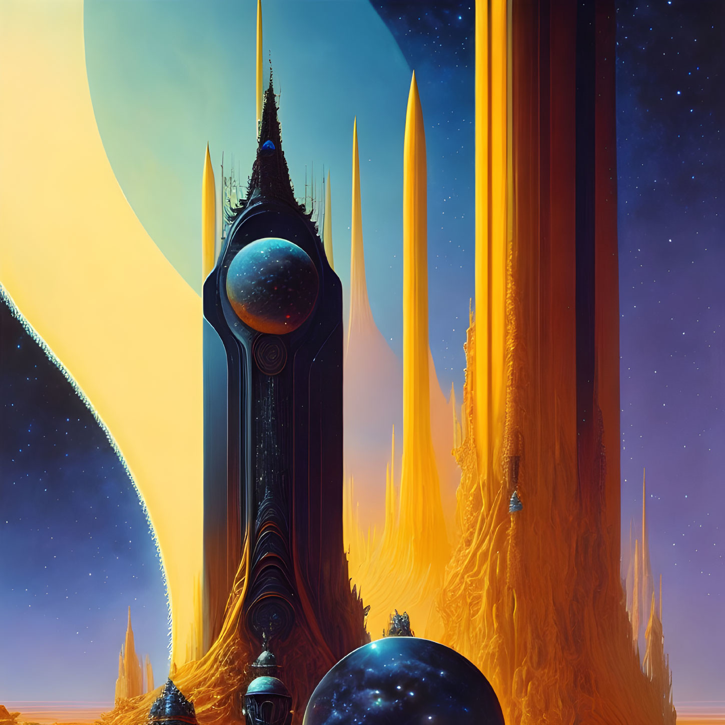 Vivid Sci-Fi Landscape with Alien Spires and Celestial Bodies