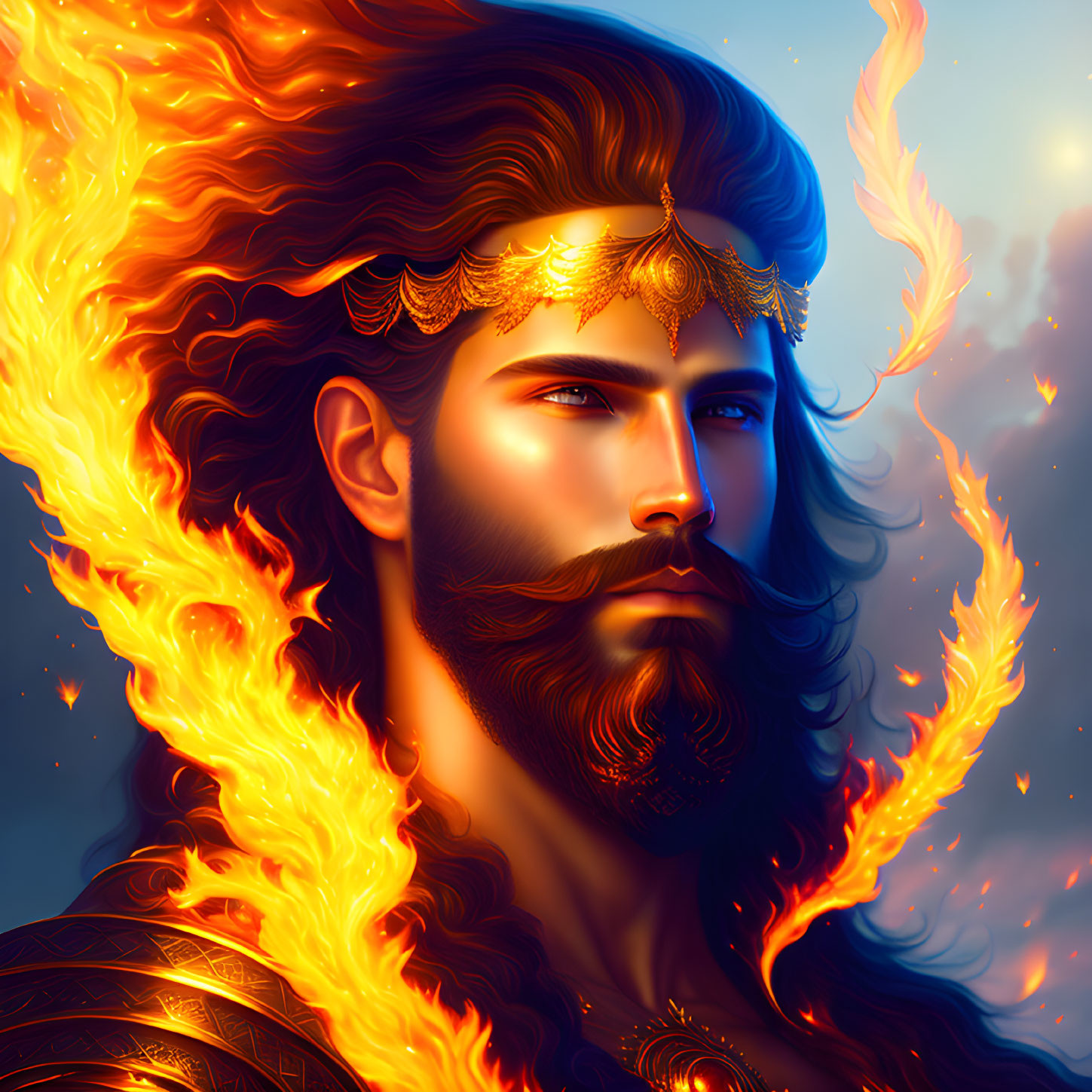 Illustration of man with fiery beard and hair in golden headpiece among flames