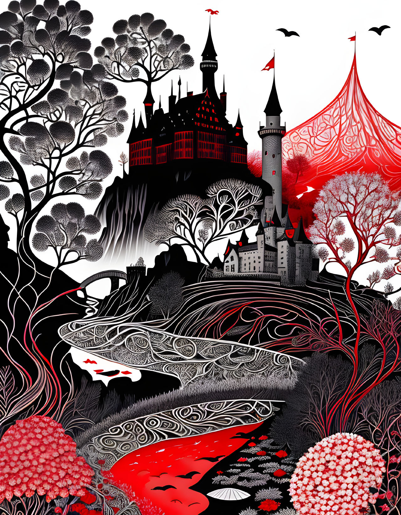 Whimsical black, white, and red landscape illustration with castles and trees