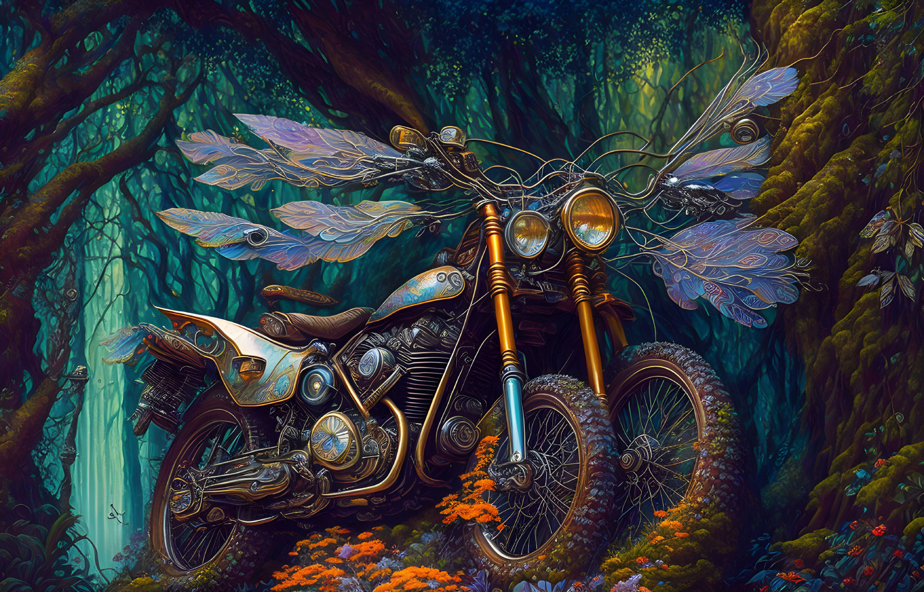 Fantastical motorcycle with butterfly wing design in mystical forest