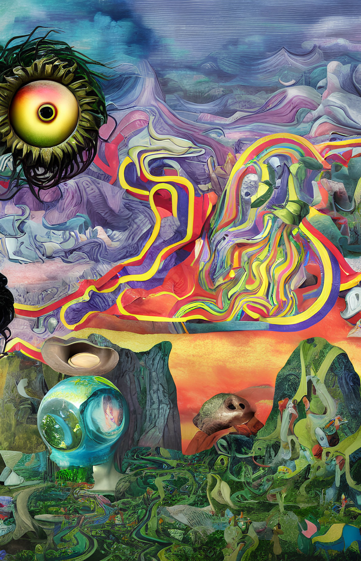 Colorful Surreal Artwork Featuring Eye in Sky, Alien Landscapes, Human-like Figures,