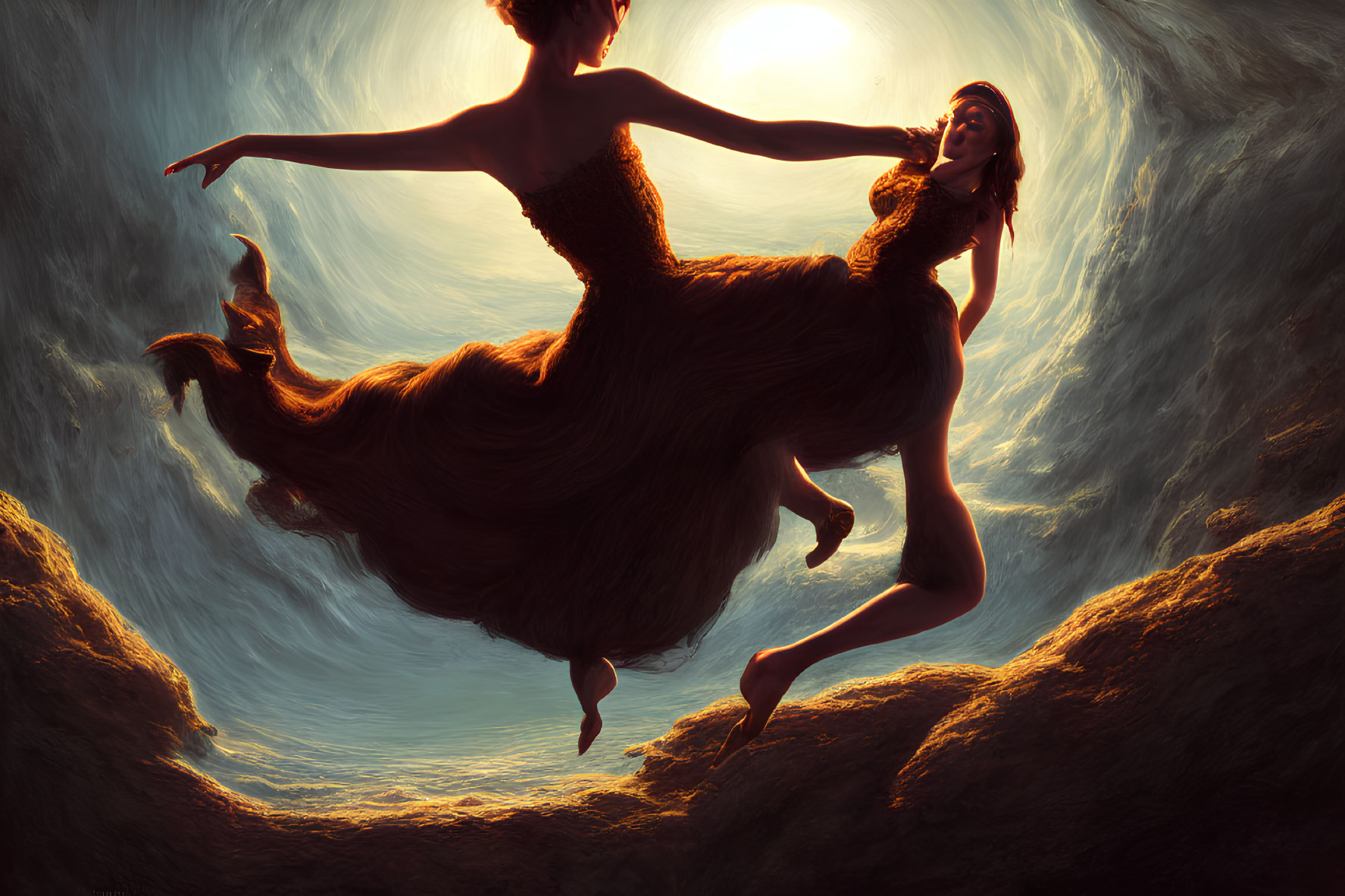 Two women in elegant dresses floating gracefully over rocky terrain at sunset