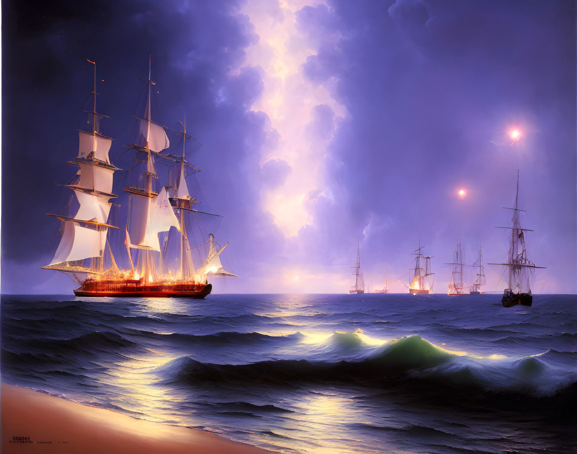 Sailing ships on twilight ocean with striking lightning and dramatic sky