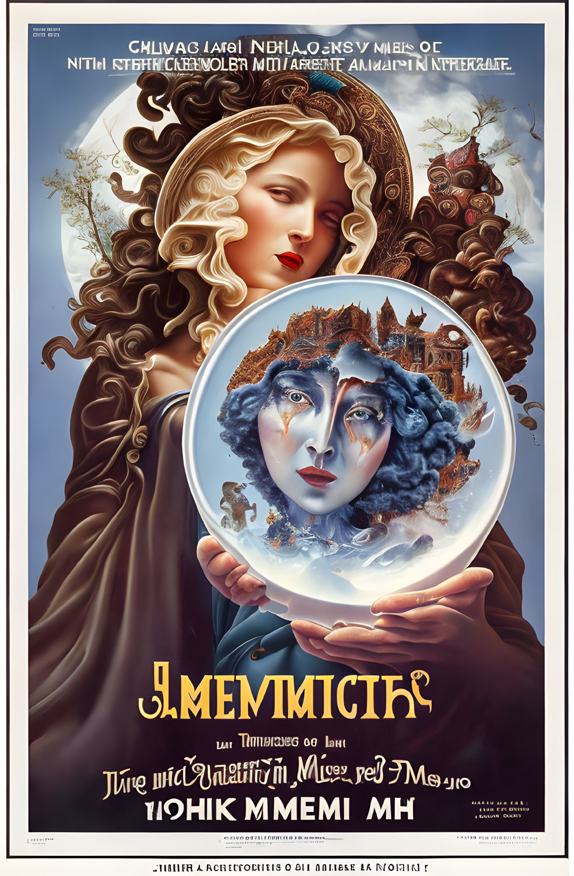 Vintage-style poster with woman holding reflective orb and Cyrillic text