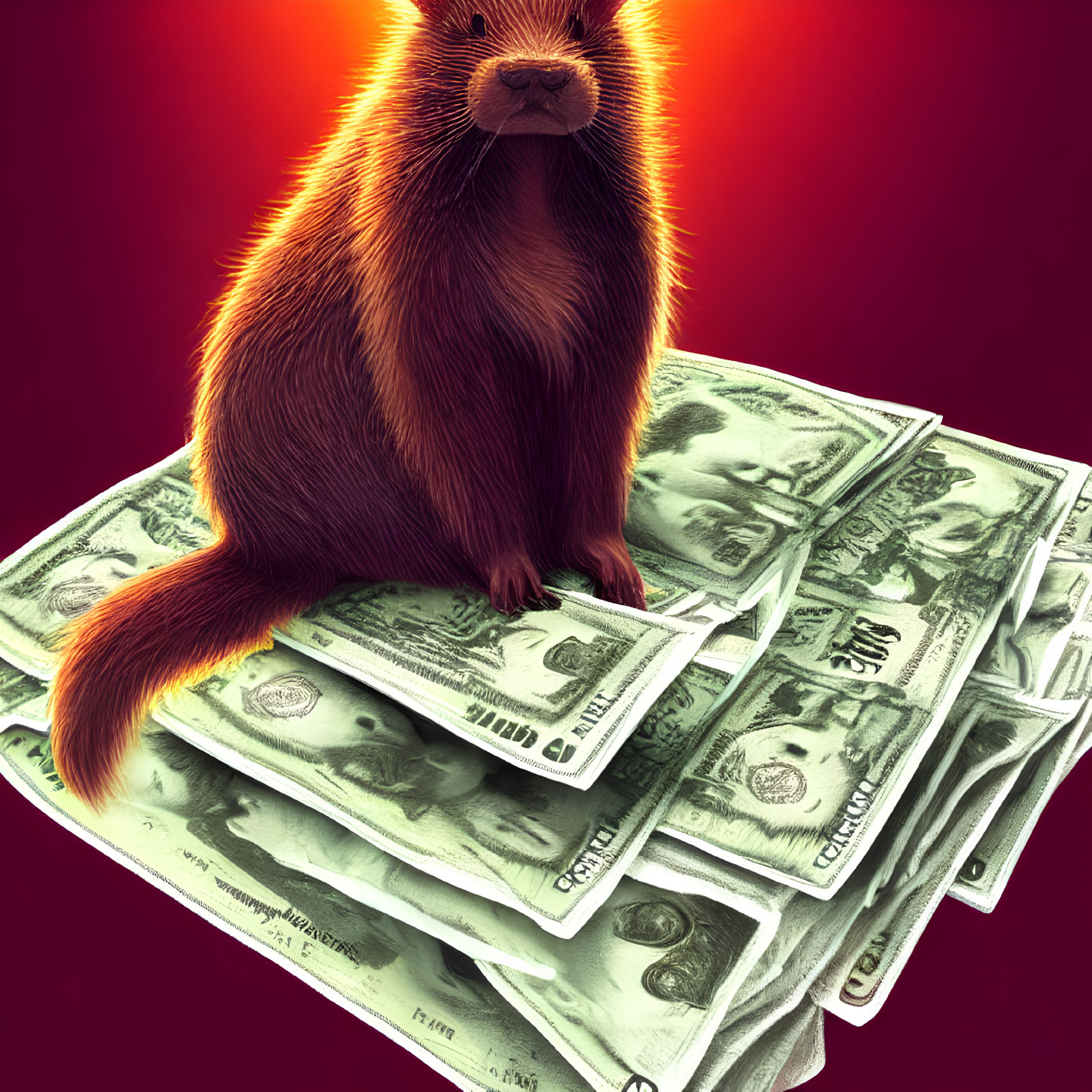 Capybara on US Dollar Bills on Red Background