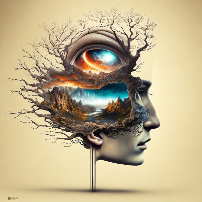 Surreal human profile with cosmic eye and landscape in tree-branch brain