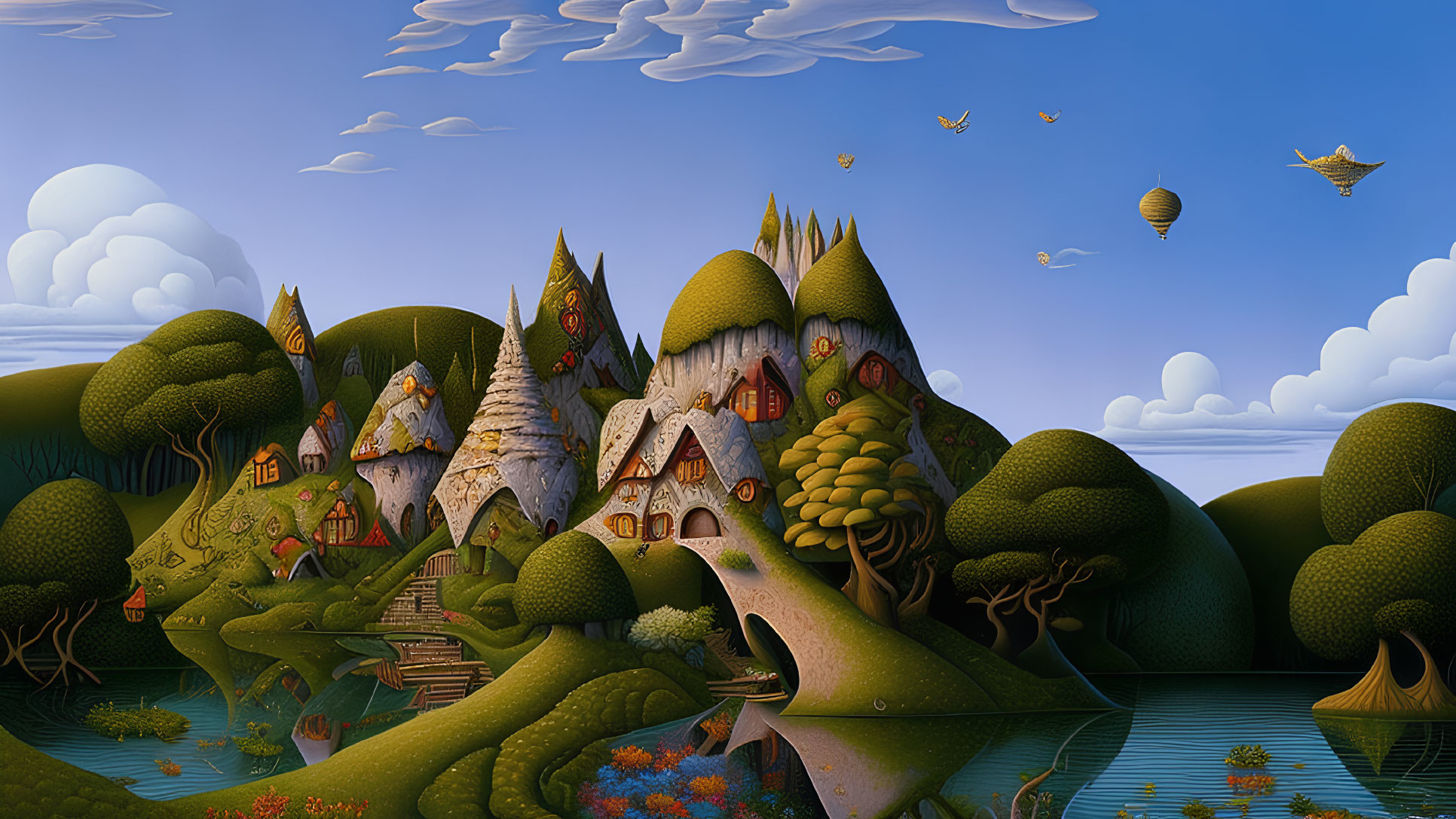 Surreal landscape with integrated houses, rolling hills, fluffy clouds, and hot air balloons