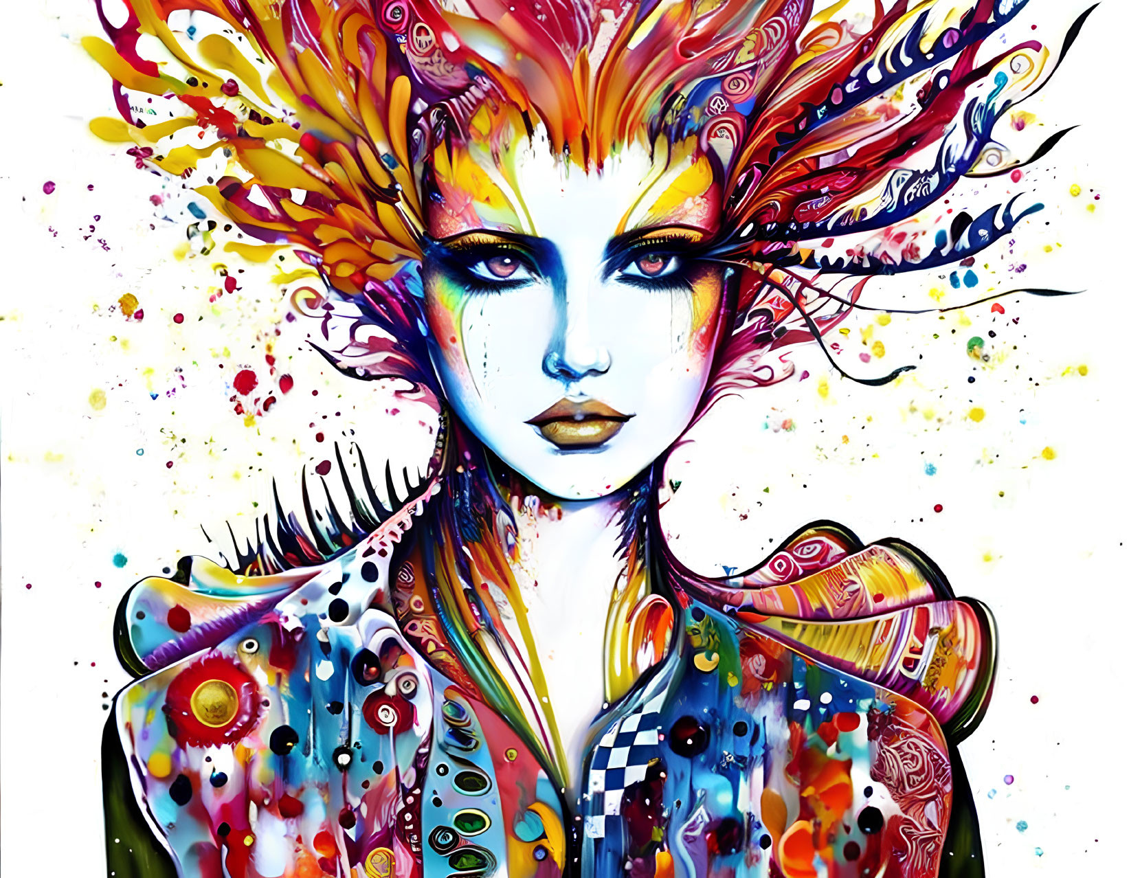 Colorful Illustration of Woman with Fiery Hair and Kaleidoscopic Patterns