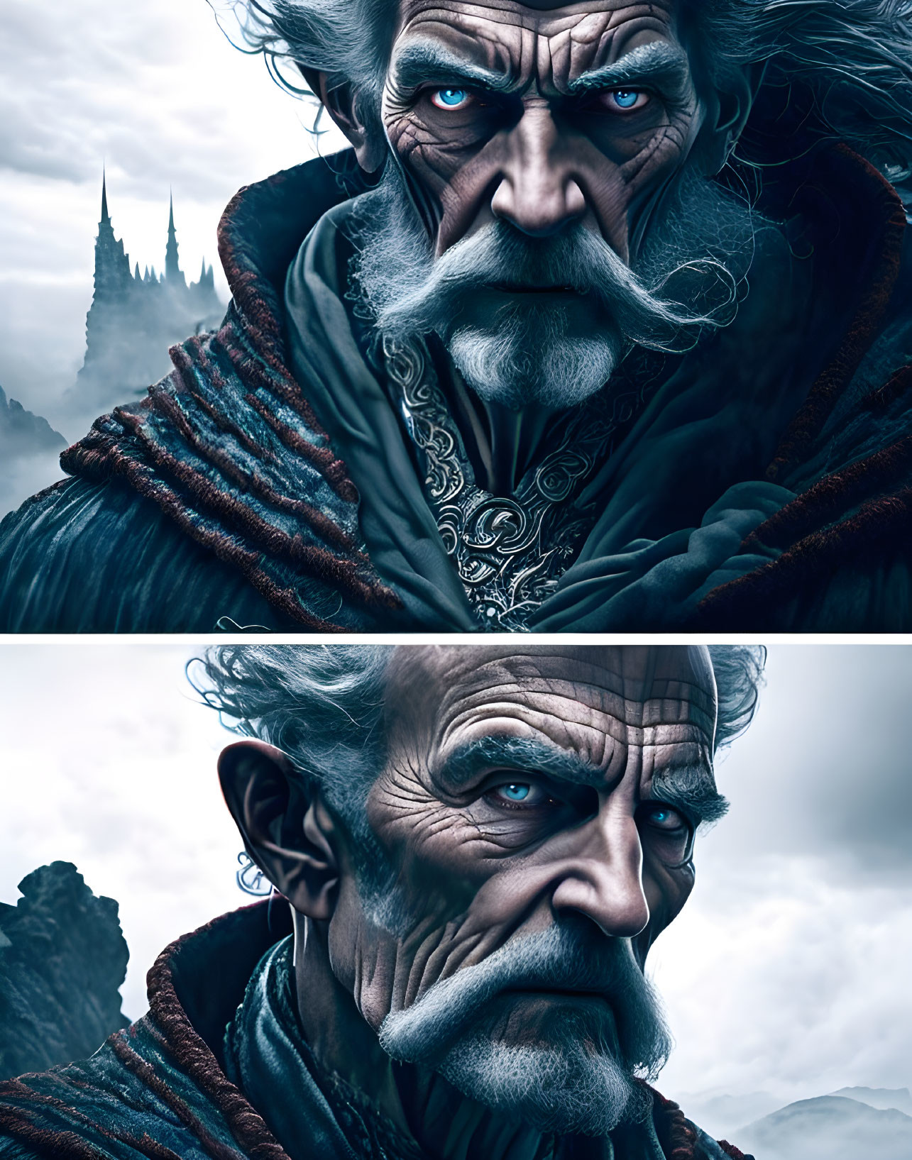 Elderly man with blue eyes and white beard in medieval attire against spiky tower backdrop