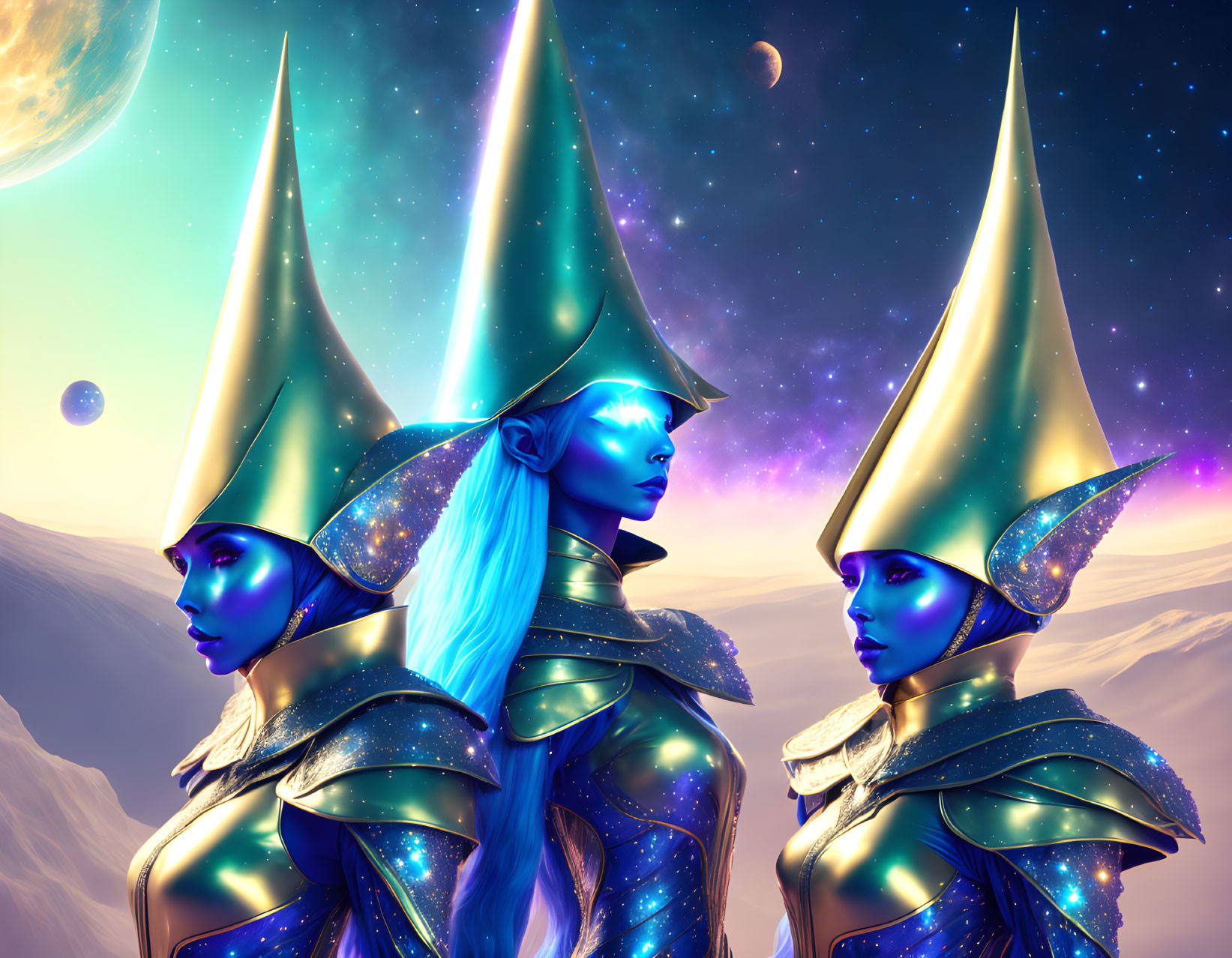 Stylized alien-like female figures with golden helmets and blue skin in cosmic setting