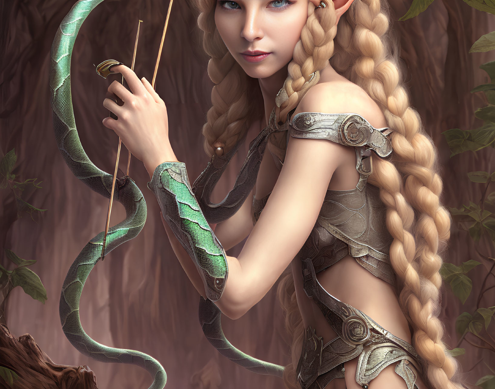 Female elf with braided hair holding a bow in forest with snake - detailed arm armor