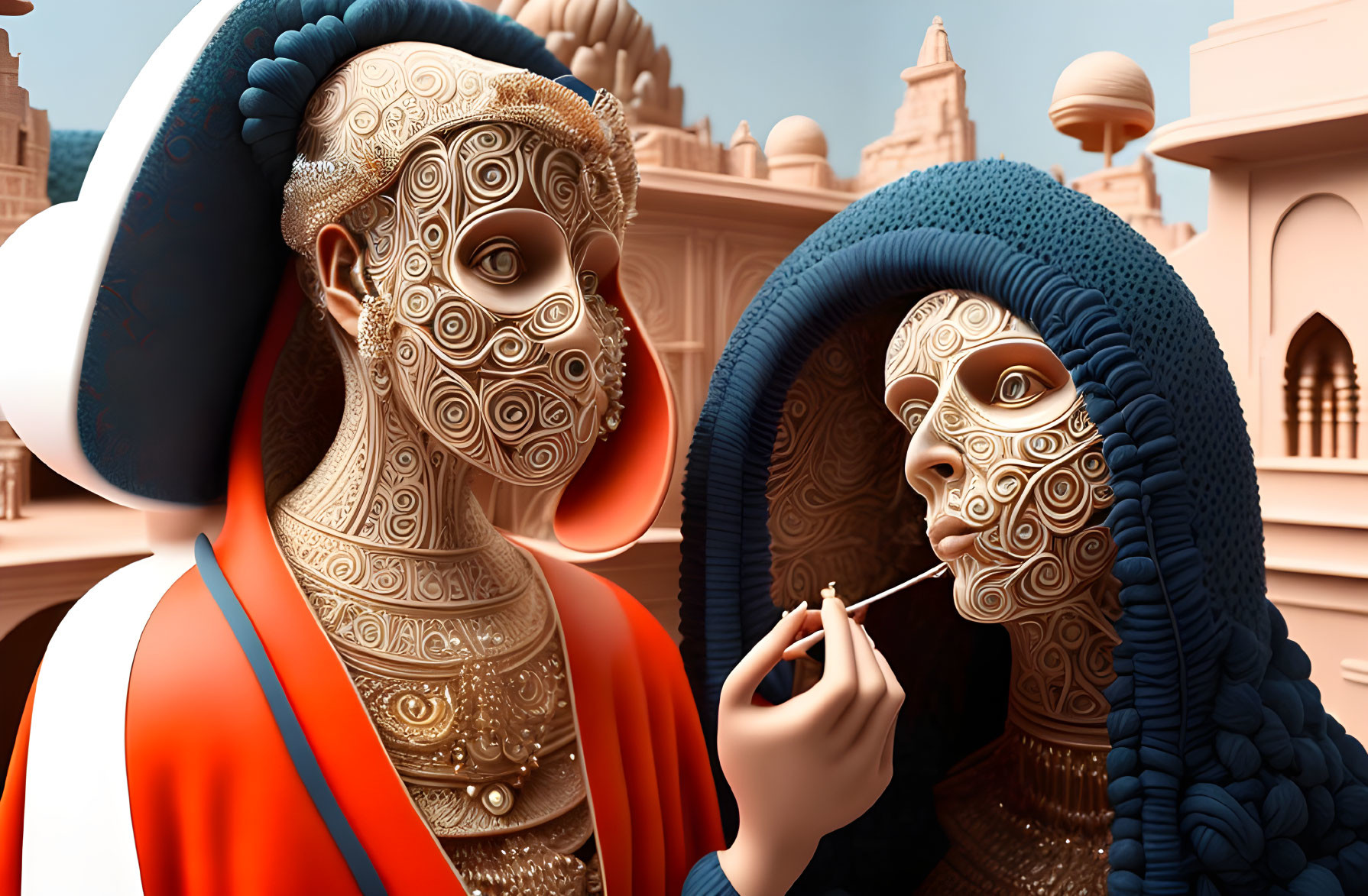 Stylized humanoid figures with patterned skin in Eastern palace scene