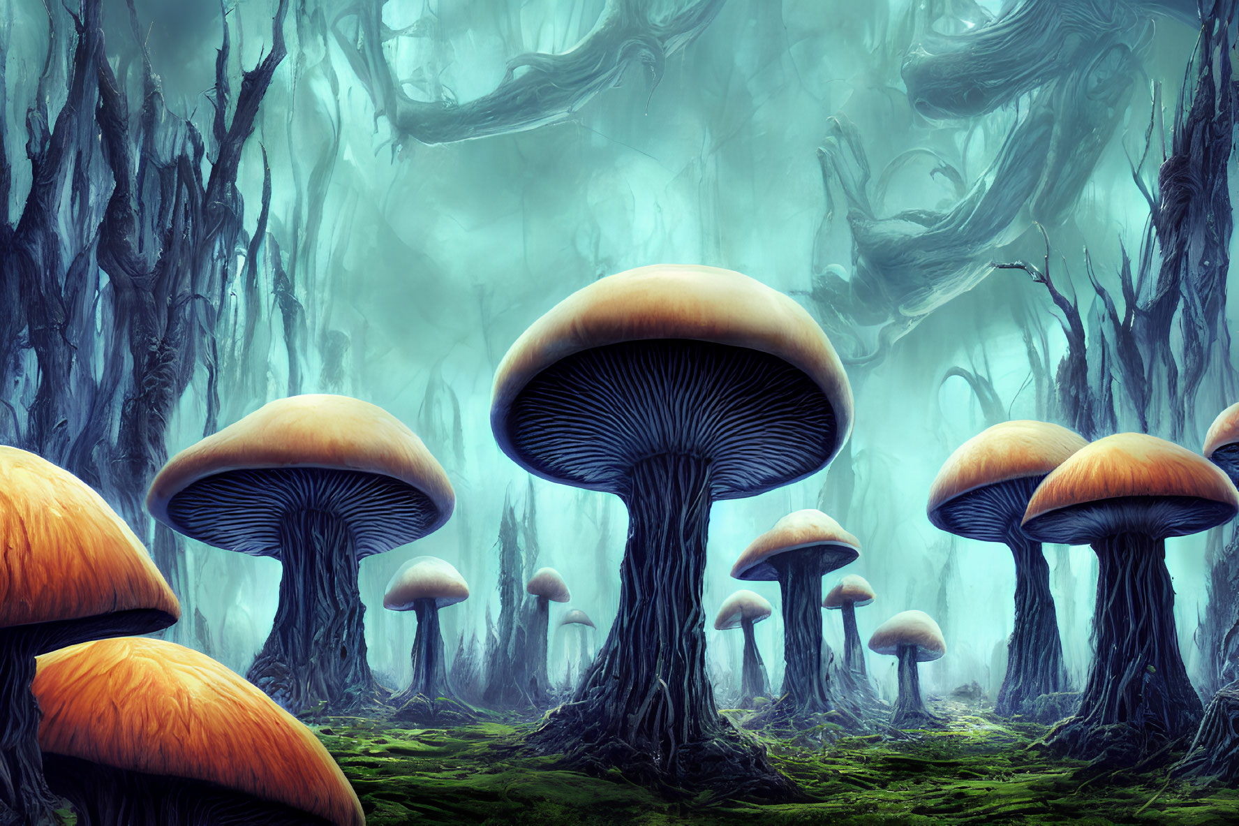 Enchanted forest scene with oversized mushrooms and twisted trees