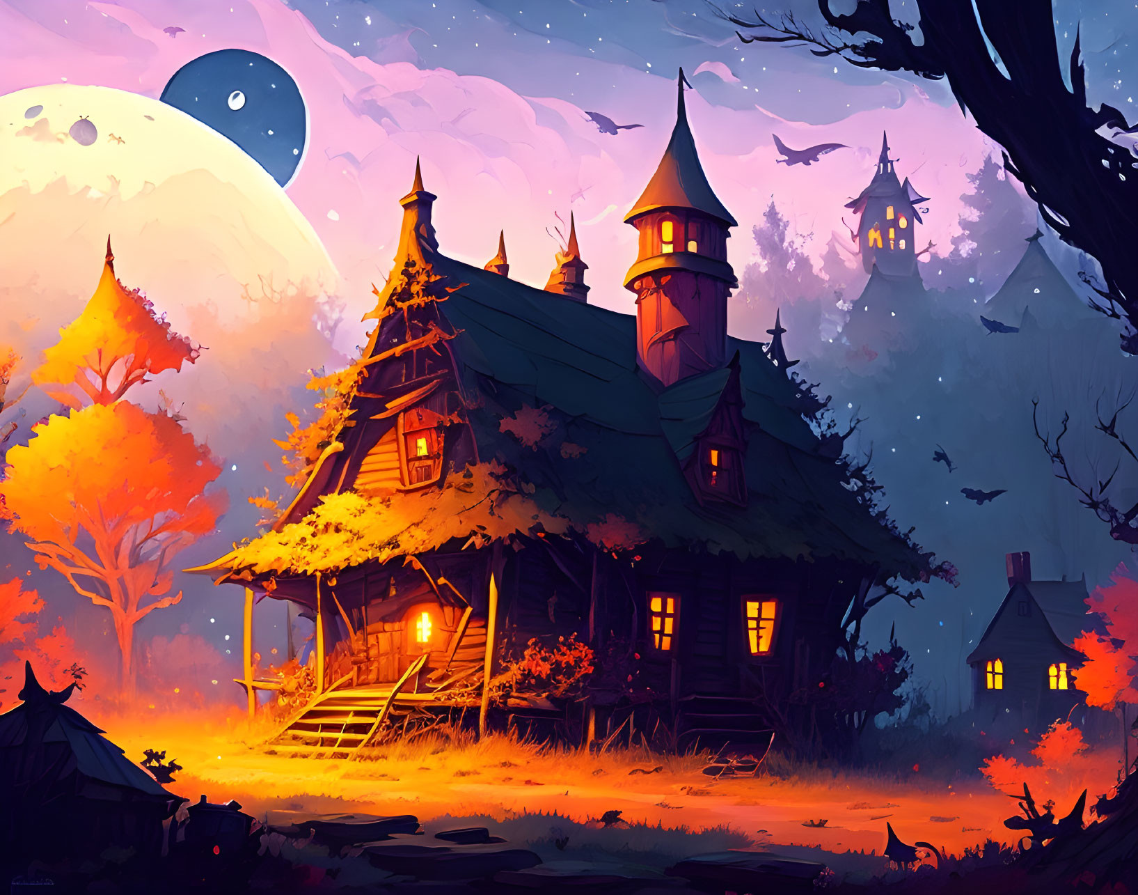 Cozy multi-tiered cottage in autumn night scene