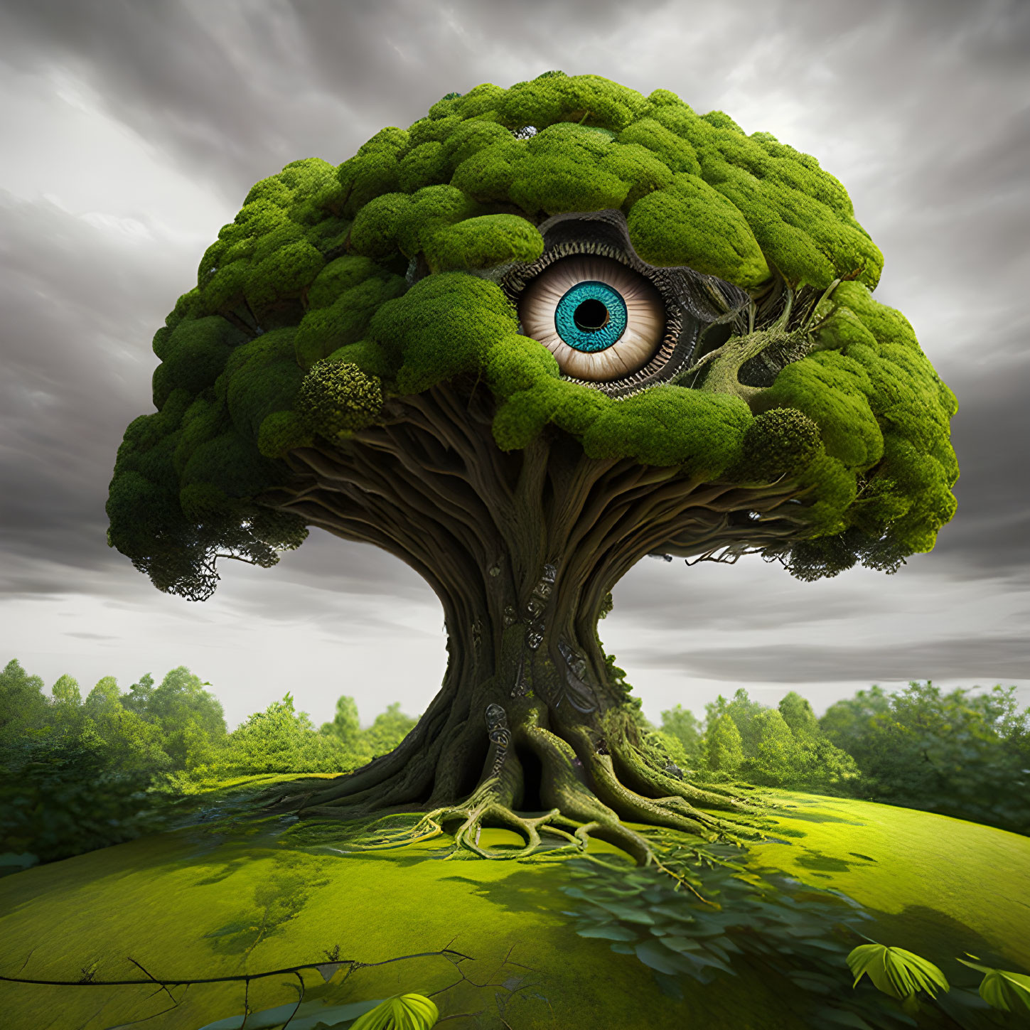 Surreal illustration: Brain-shaped tree with giant eye on green landscape