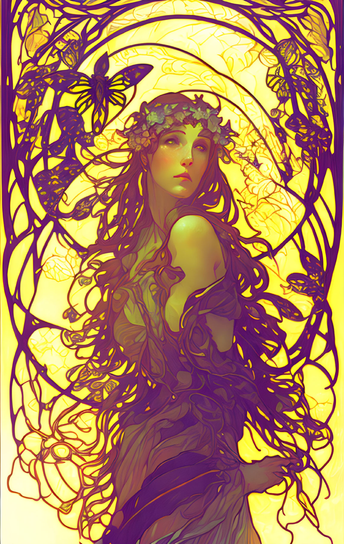 Art Nouveau style illustration of woman with floral wreath and flowing hair