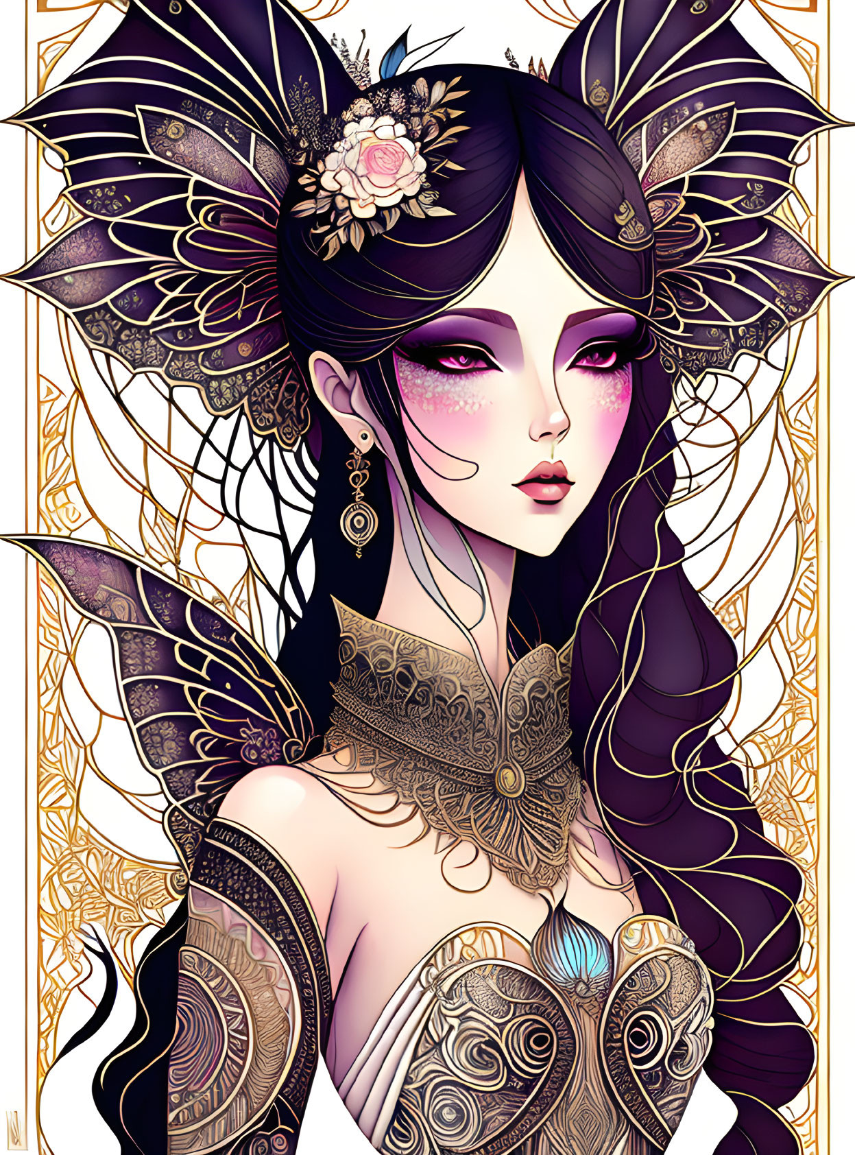 Illustration of woman: violet hair, eyes, elaborate headdress, golden tattoos, ethereal aura