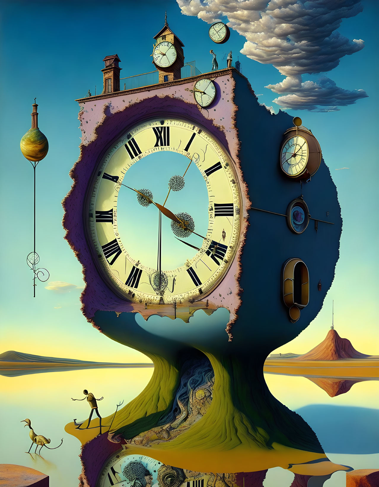 Surreal illustration of clock tree, dandelions, orbs, and whimsical elements