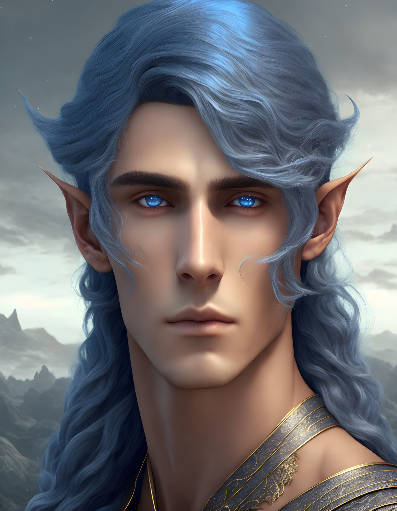 Fantasy male elf portrait with blue hair and elegant attire in mountain setting