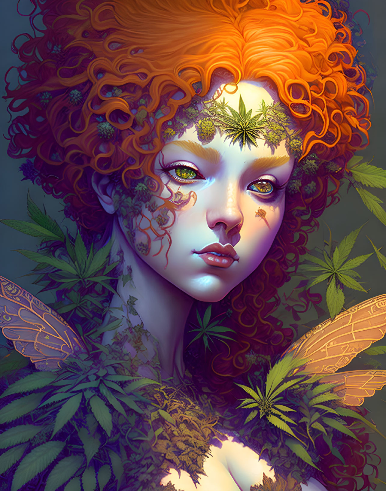 Vibrant orange hair woman with cannabis leaf and butterfly wings illustration