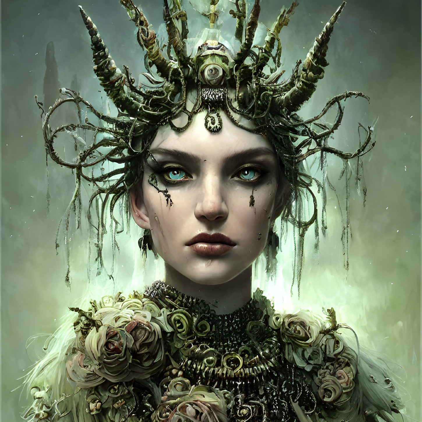 Digital artwork: Mystical woman with antler-like horns, adorned with foliage and roses, in orn