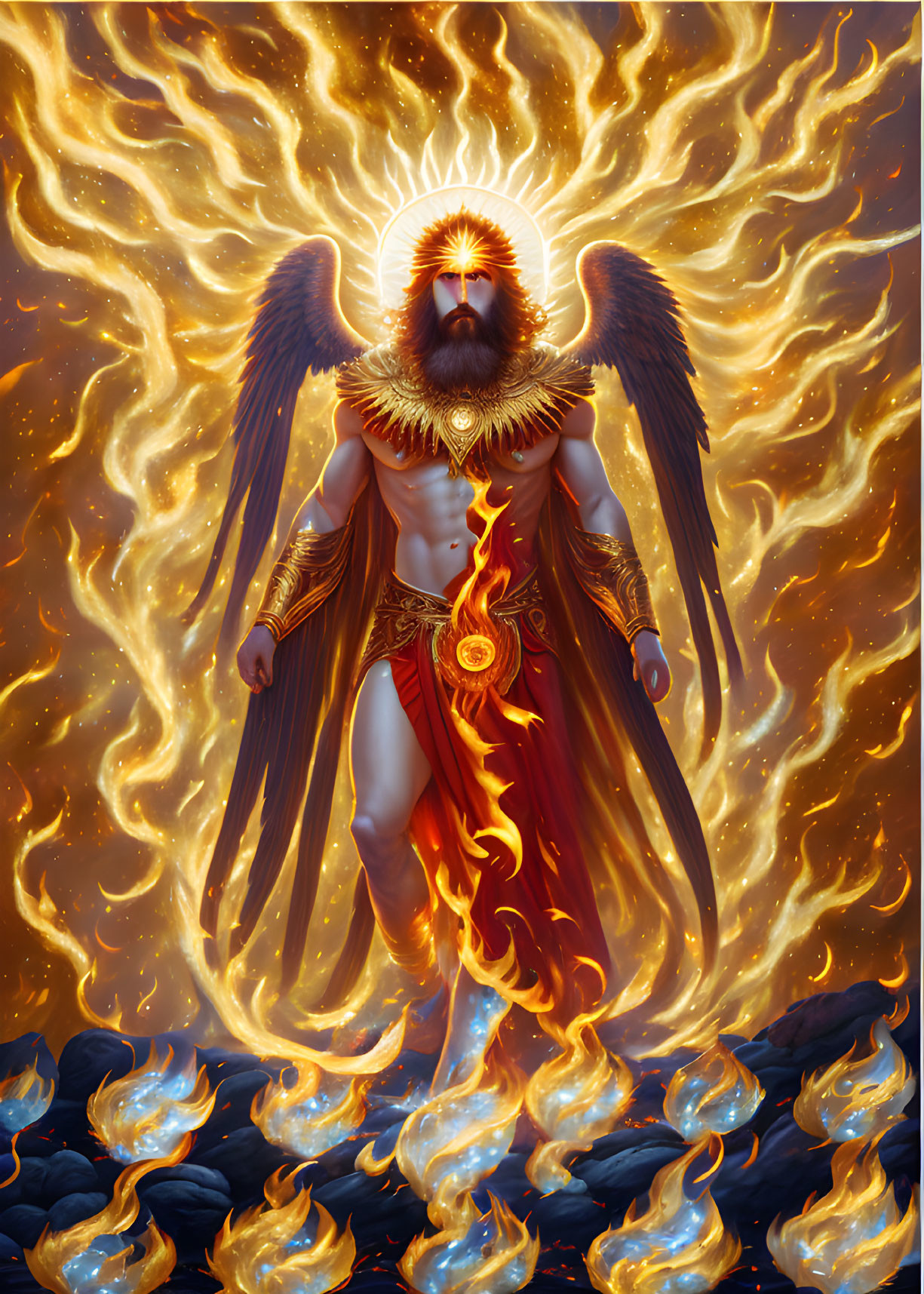 Divine figure in golden armor with wings and halo in fiery setting