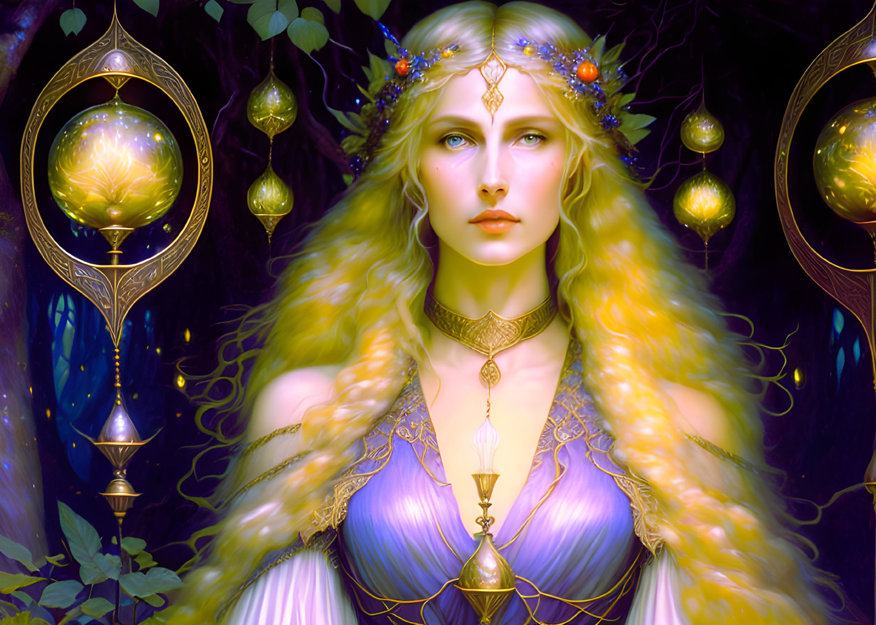 Blonde woman with mystical jewelry in enchanted forest scenery