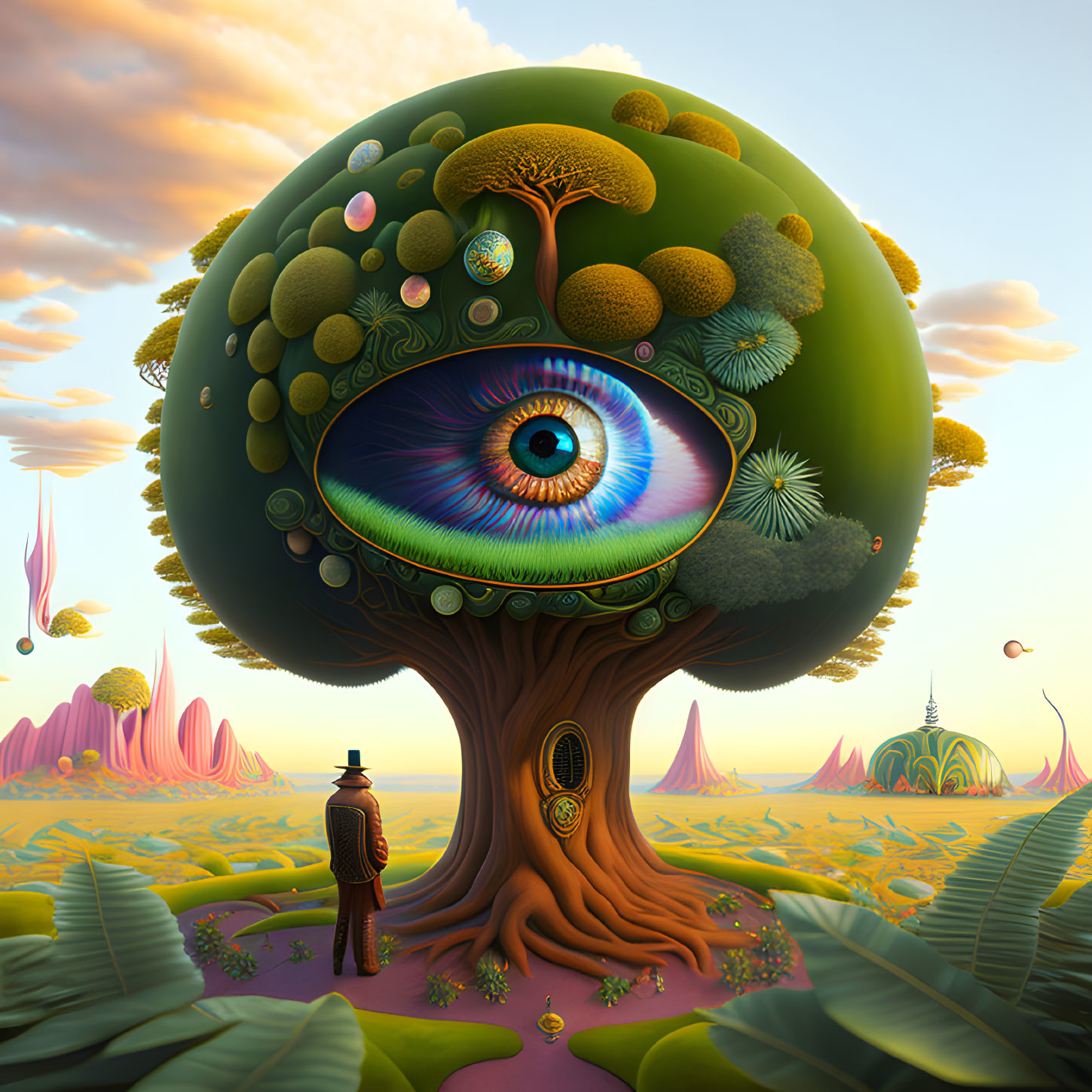 Surreal landscape with giant eye-shaped tree and colorful flora under pastel sky