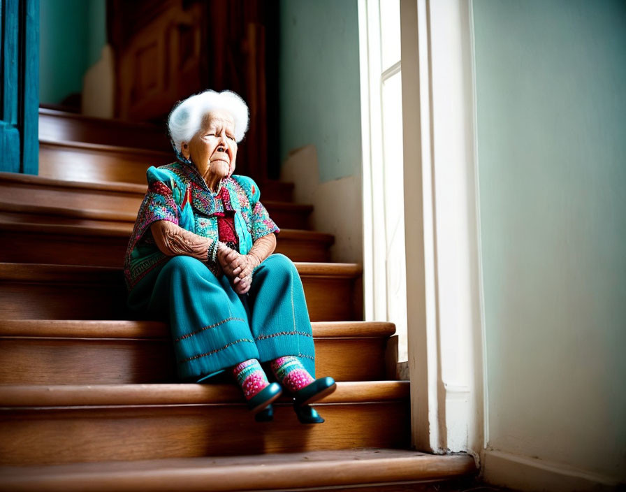 Elderly woman in teal skirt and patterned sweater on wooden stairs