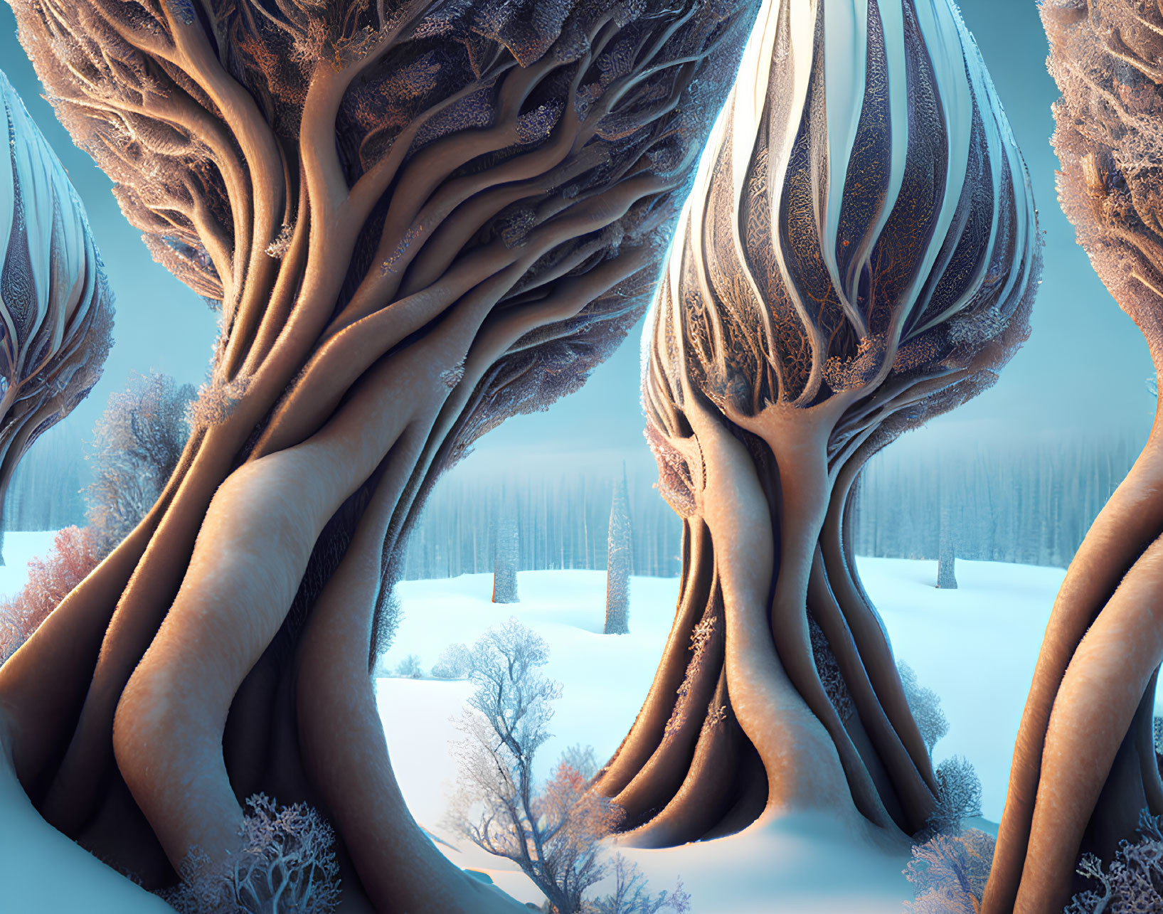 Surreal oversized trees with intricate bark patterns in a snowy landscape