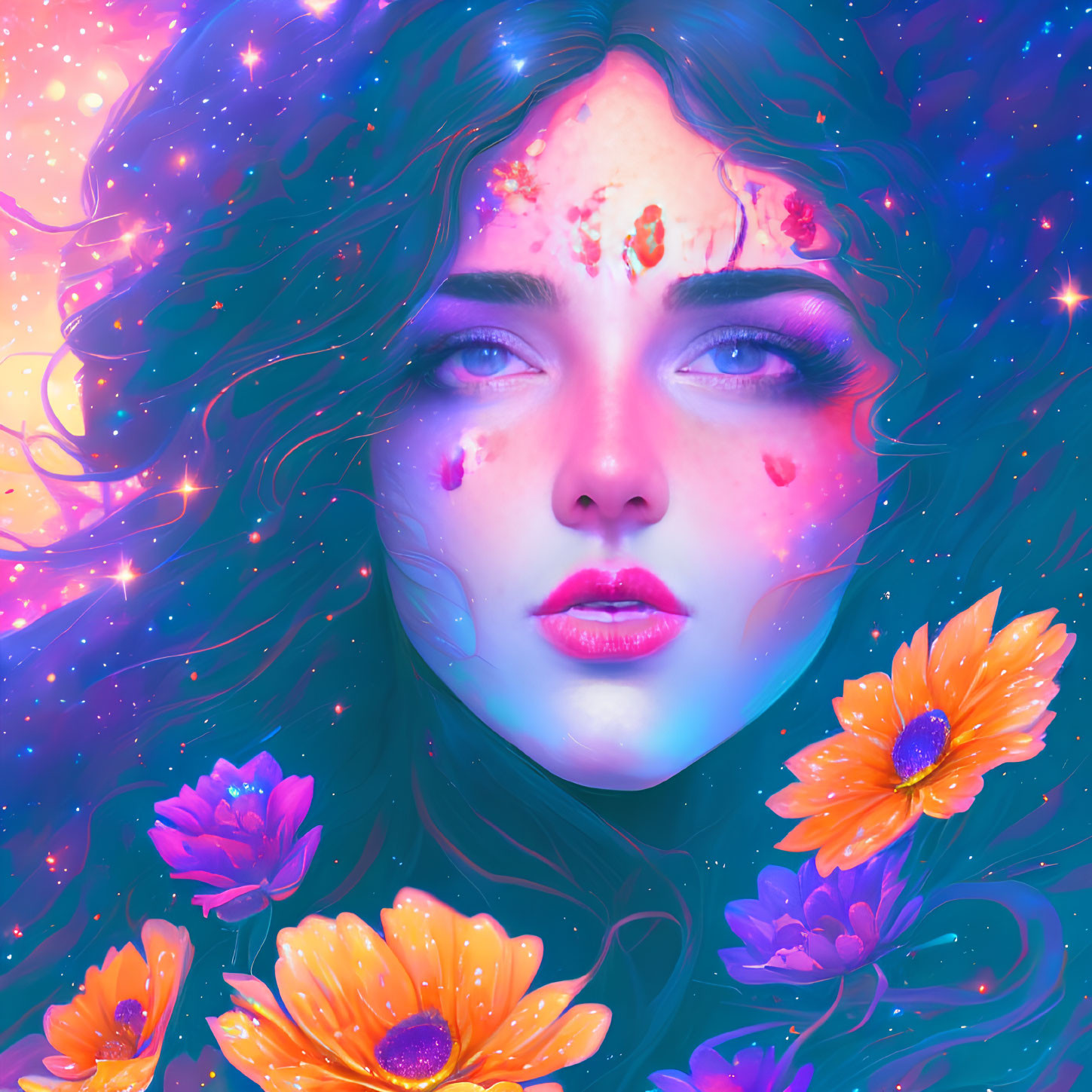 Cosmic-themed digital portrait of a woman with vibrant skin and floral adornments