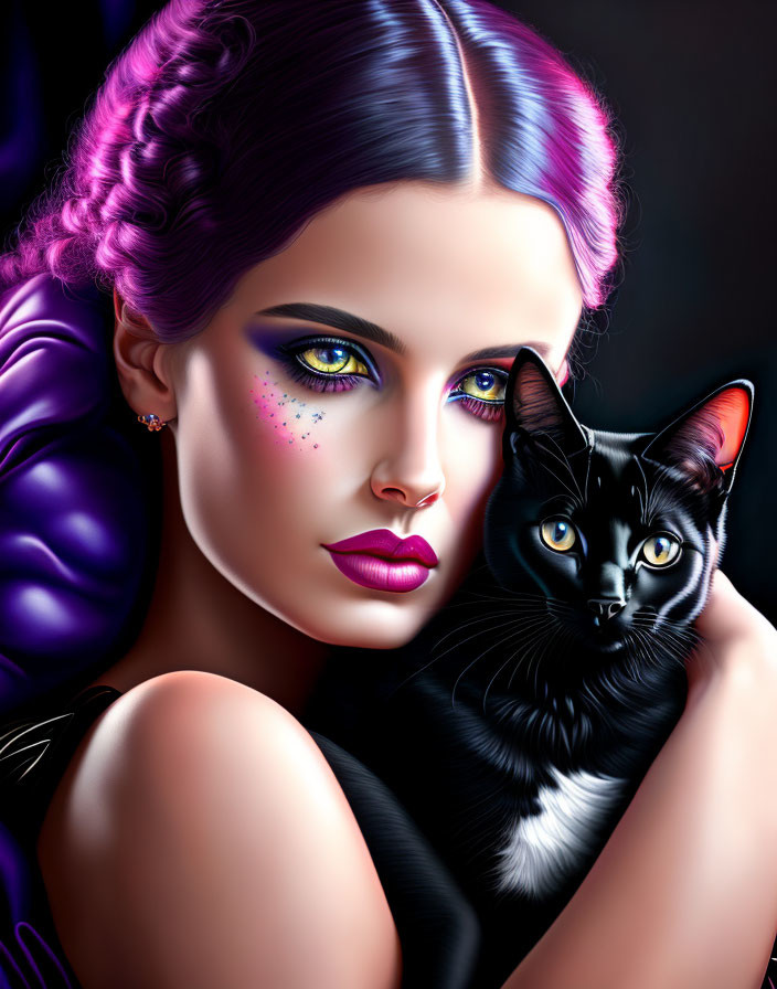 Digital artwork: Woman with purple hair holding black cat, vibrant makeup, captivating gaze