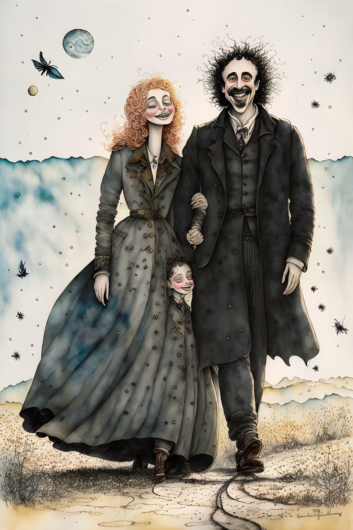 Illustrated couple in elaborate costumes with dreamlike backdrop and small figure peeking.