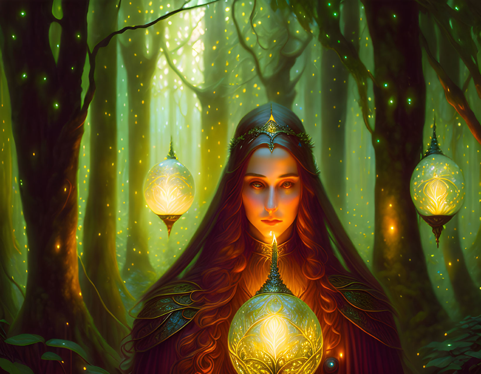 Mysterious woman with crown and orbs in enchanted forest