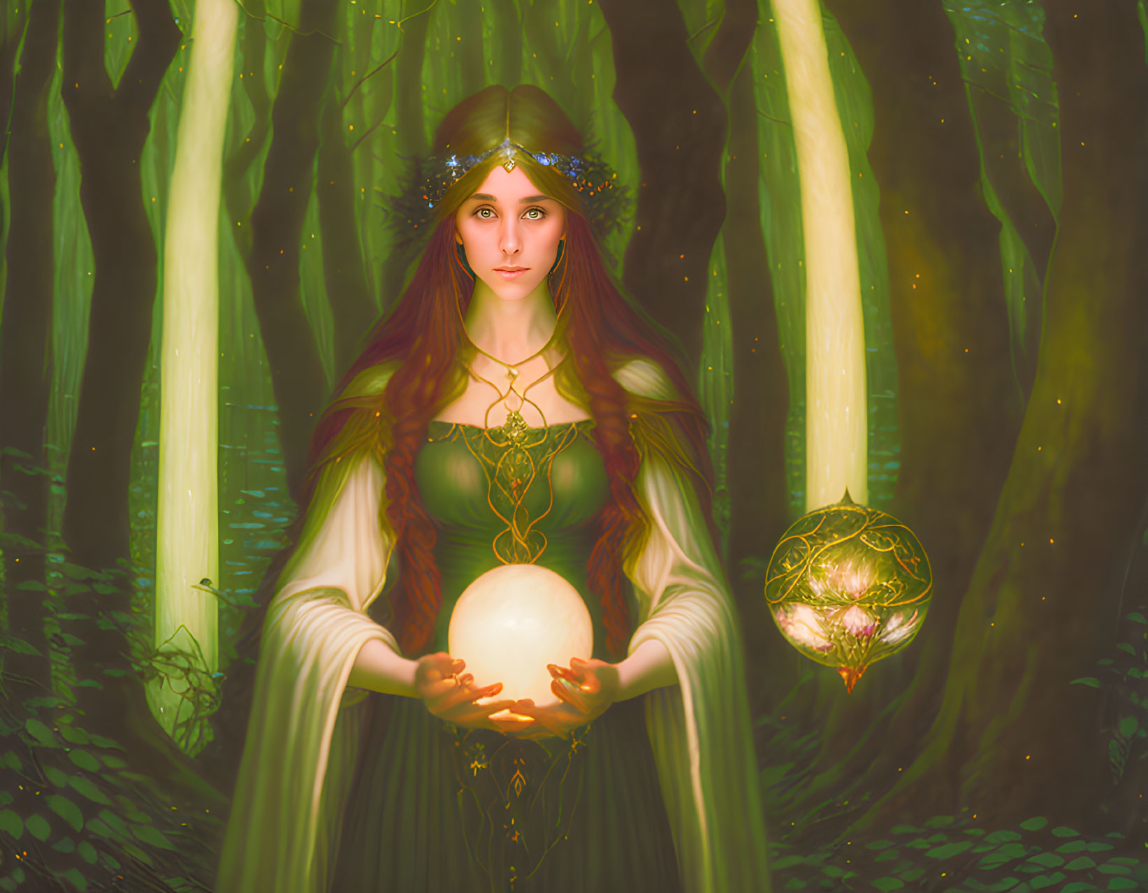 Mystical woman with glowing orb in forest surrounded by green light