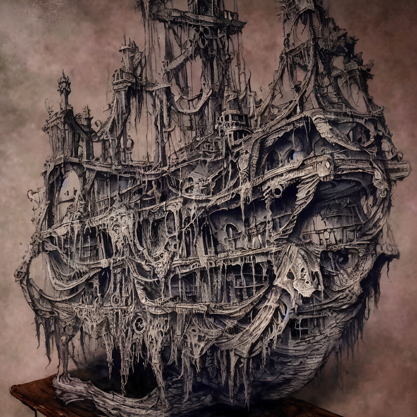 Detailed Illustration: Ghostly Pirate Ship with Skeletal Adornments Floating Above Book