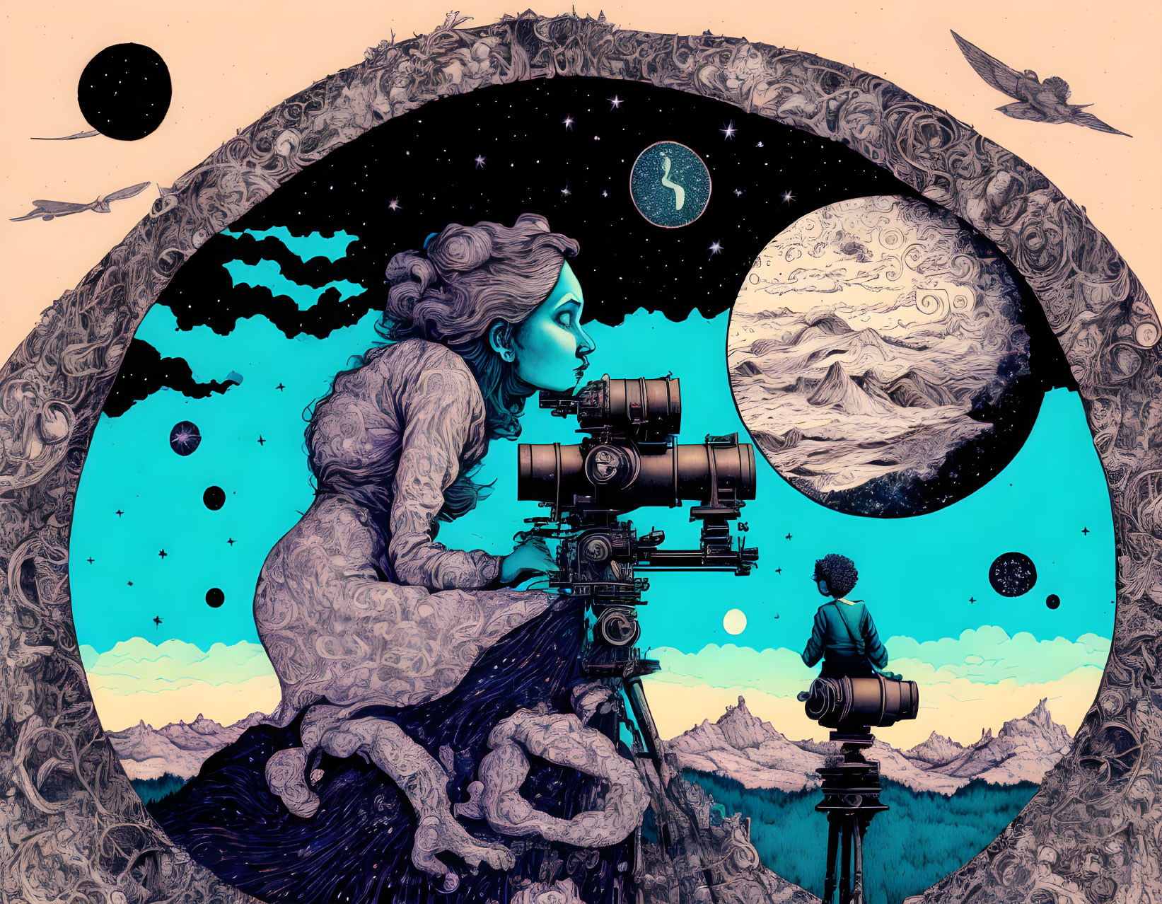 Woman gazes through telescope at cosmic dreamscape with planets and celestial bodies merging into landscape