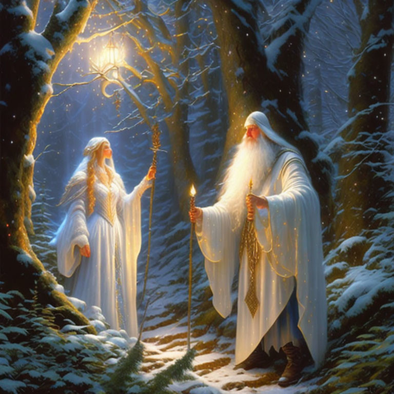 Robed Figures with Radiant Staffs in Snow-Covered Forest