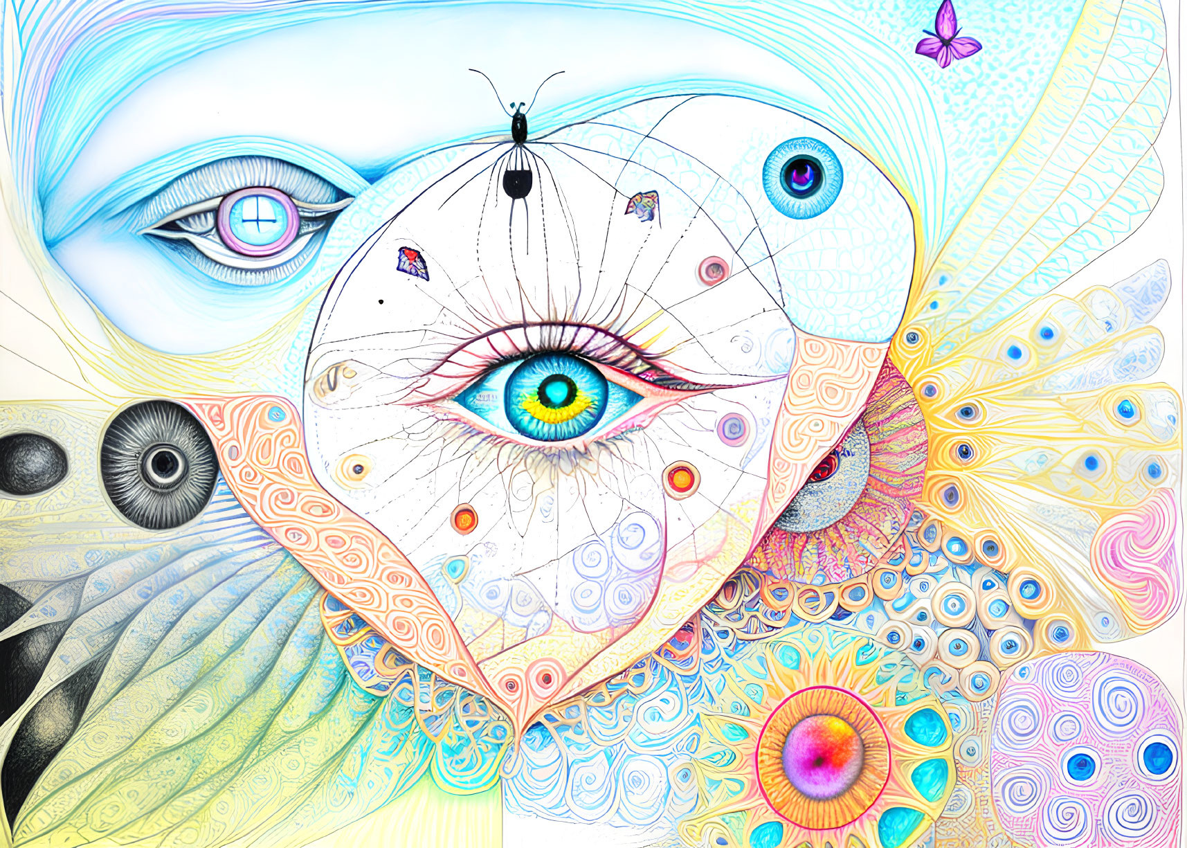 Colorful Surreal Artwork with Multiple Eyes, Butterflies, and Psychedelic Patterns