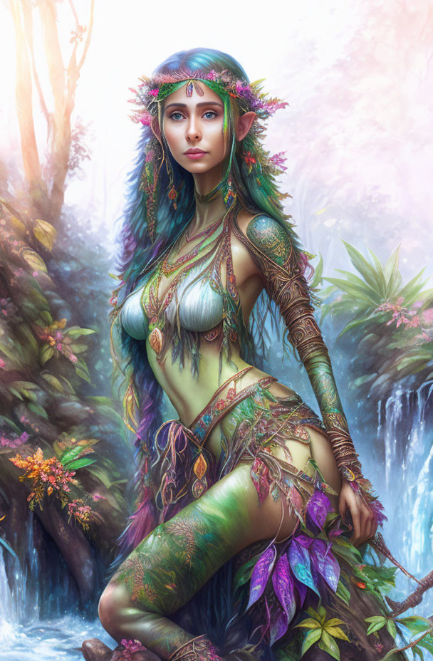 Female figure in mystical forest with colorful tattoos and headpiece by waterfalls