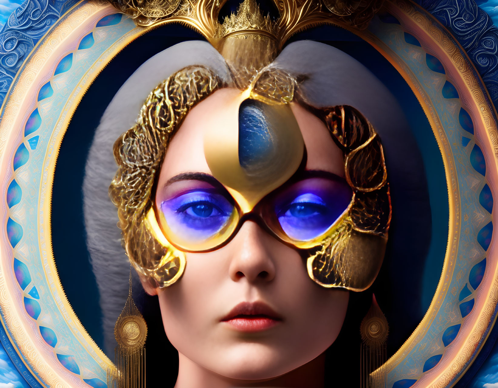 Elaborate Headdress with Gold Details on Blue Ornamental Background