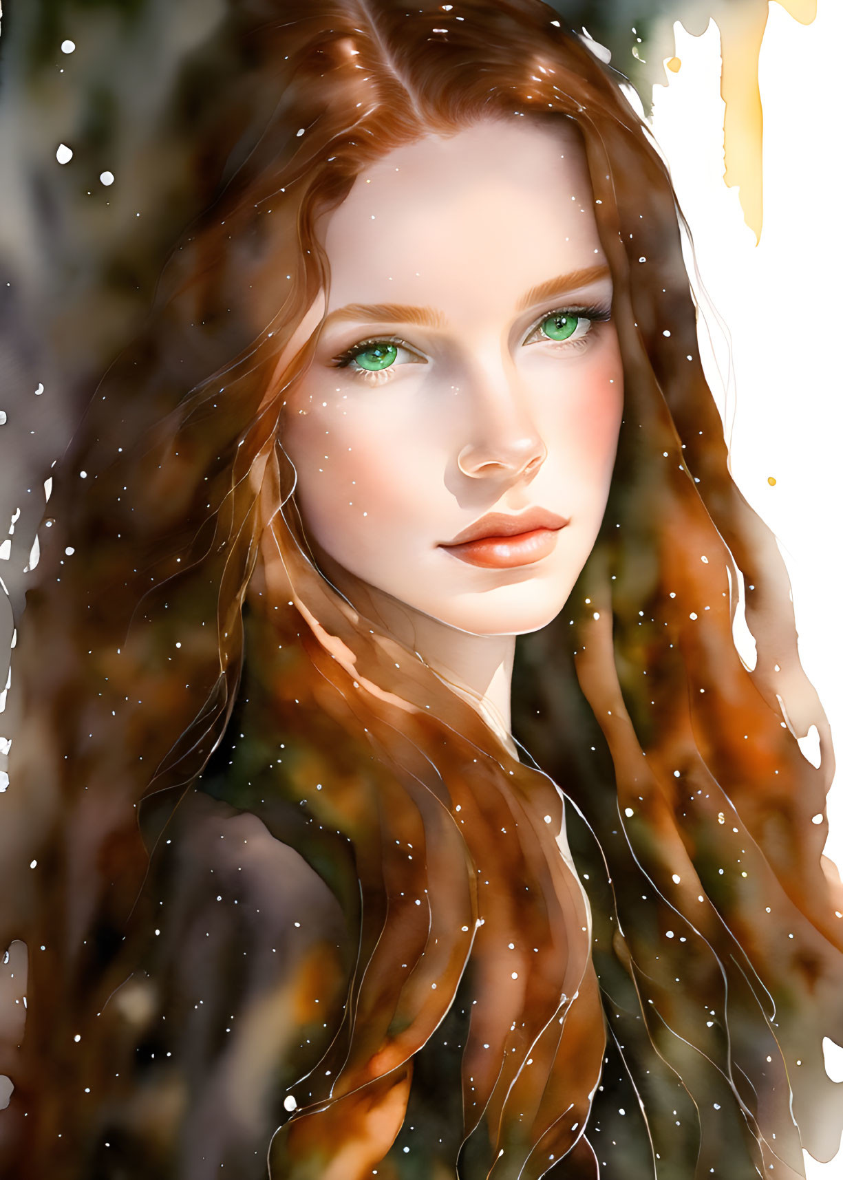 Illustrated portrait of a woman with long red hair and green eyes, framed with autumn leaves and paint