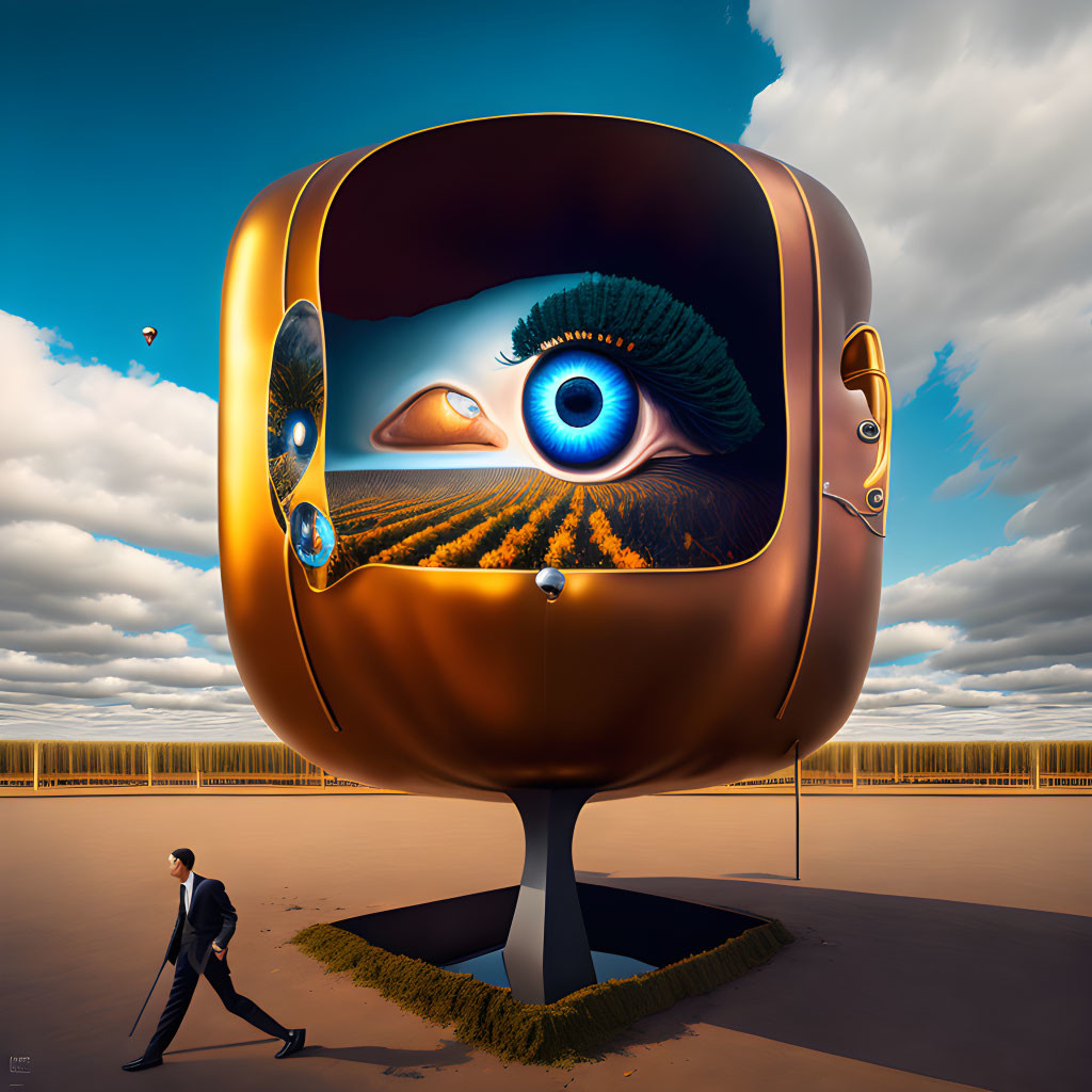 Man in suit passing surreal oversized TV with human eye in desolate landscape