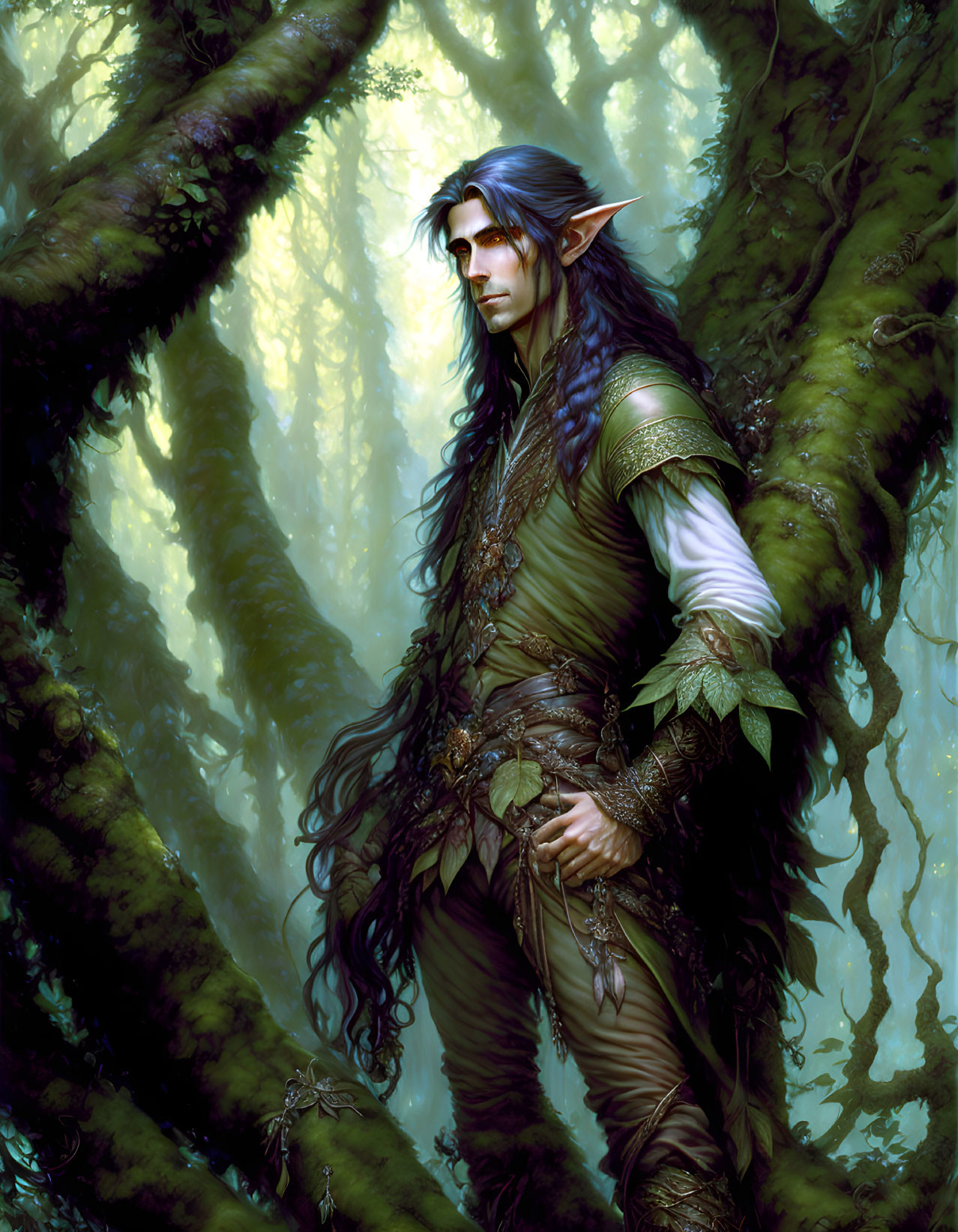 Ethereal elf in green armor in lush forest