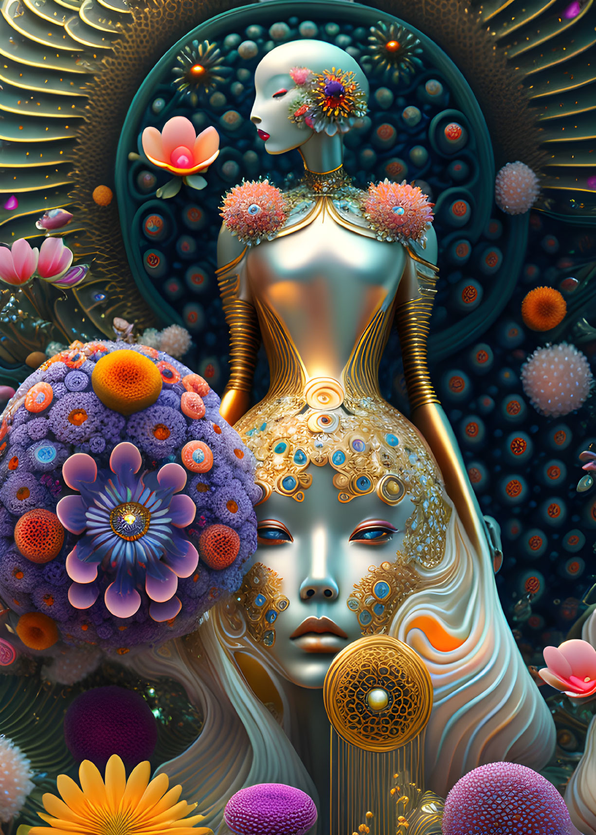 Colorful digital artwork featuring stylized feminine figures and floral motifs